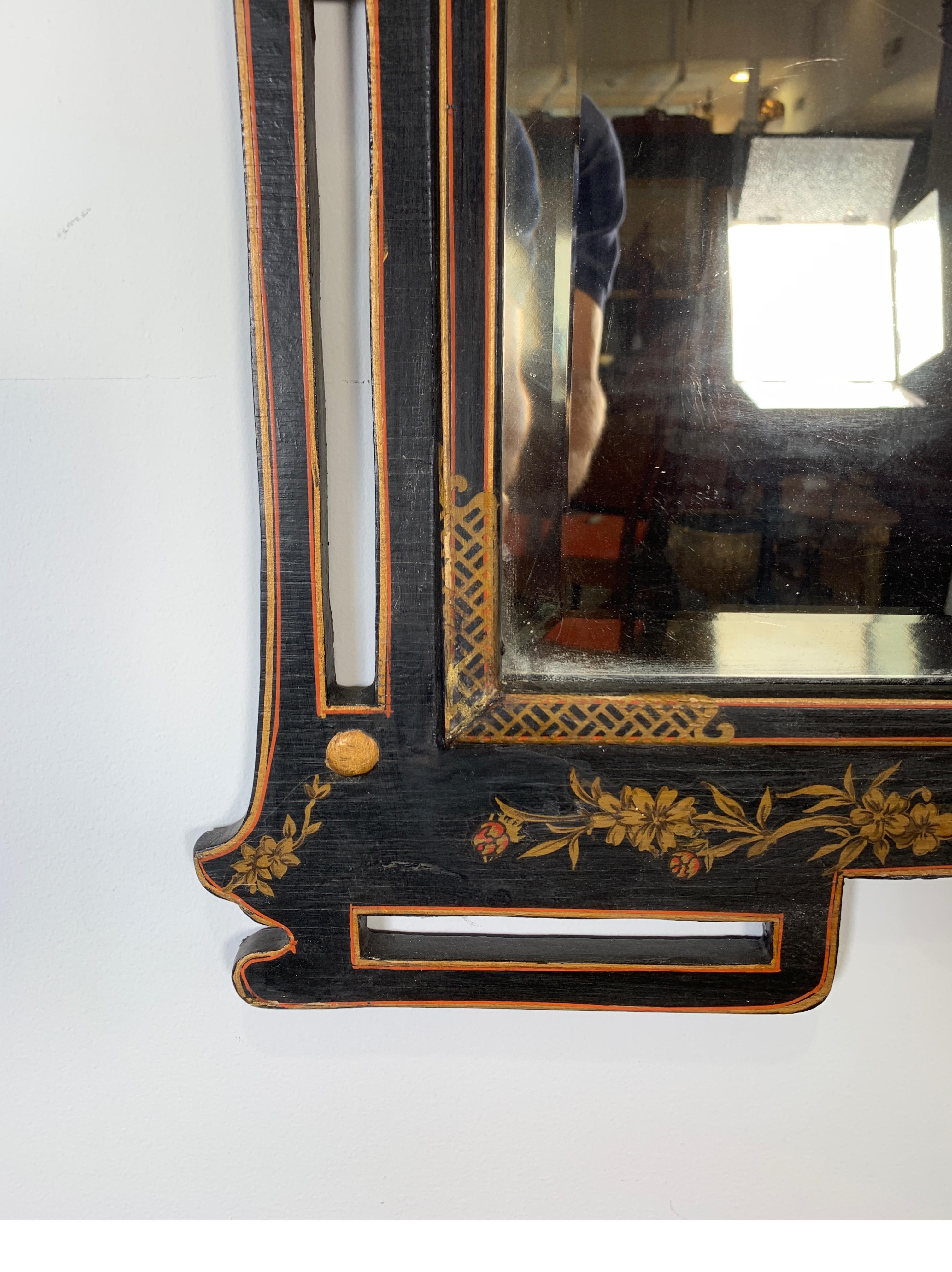 Wood 1950s Decorative Chinoiserie Hand Painted Asian Style Mirror