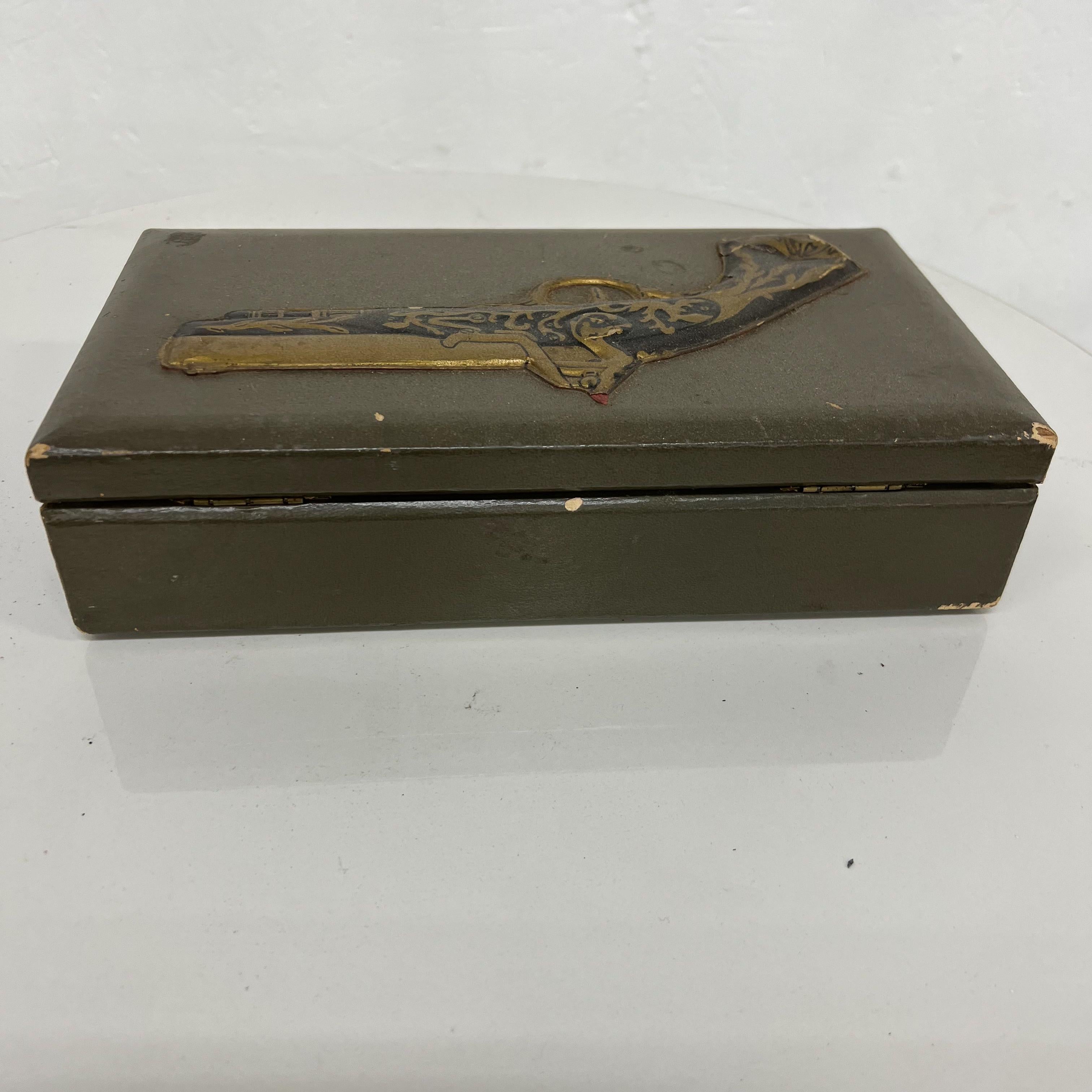 1950s Decorative Old Pistol Box Sectioned Jewelry Case Distressed Vintage