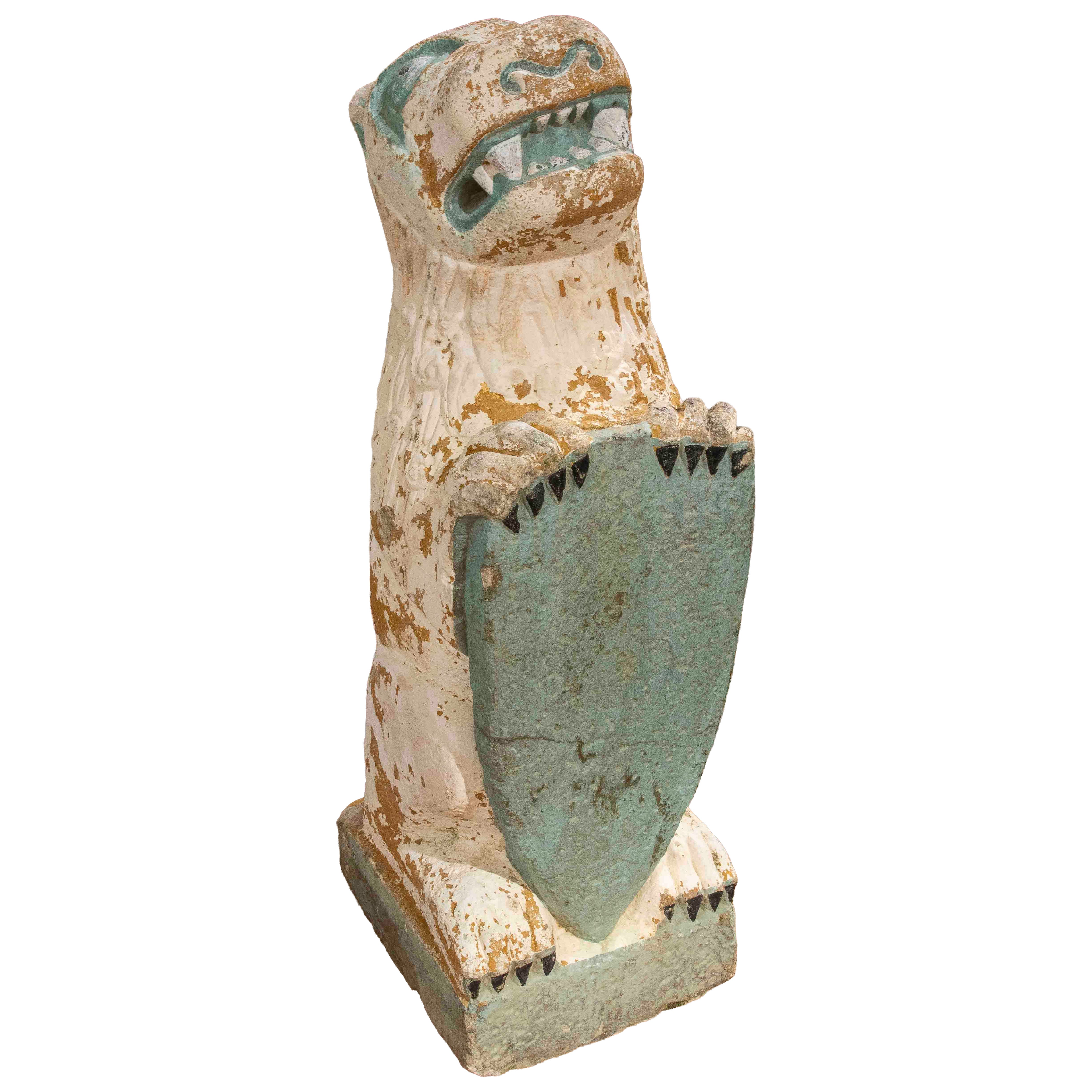 1950s Decorative Sculpture of a Lion with a Shield, with Original Patina For Sale