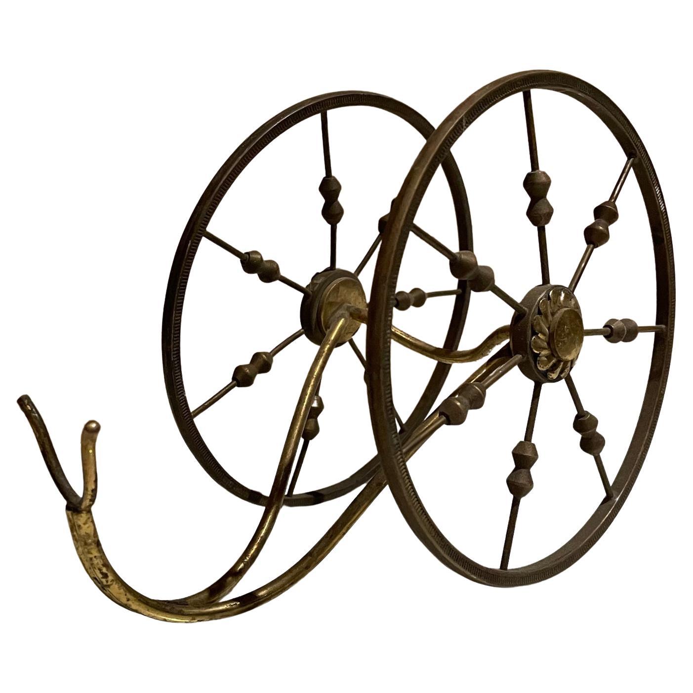 1950s Decorative Wine Bottle Holder Spoke Wheel in Sculptural Brass from Italy  