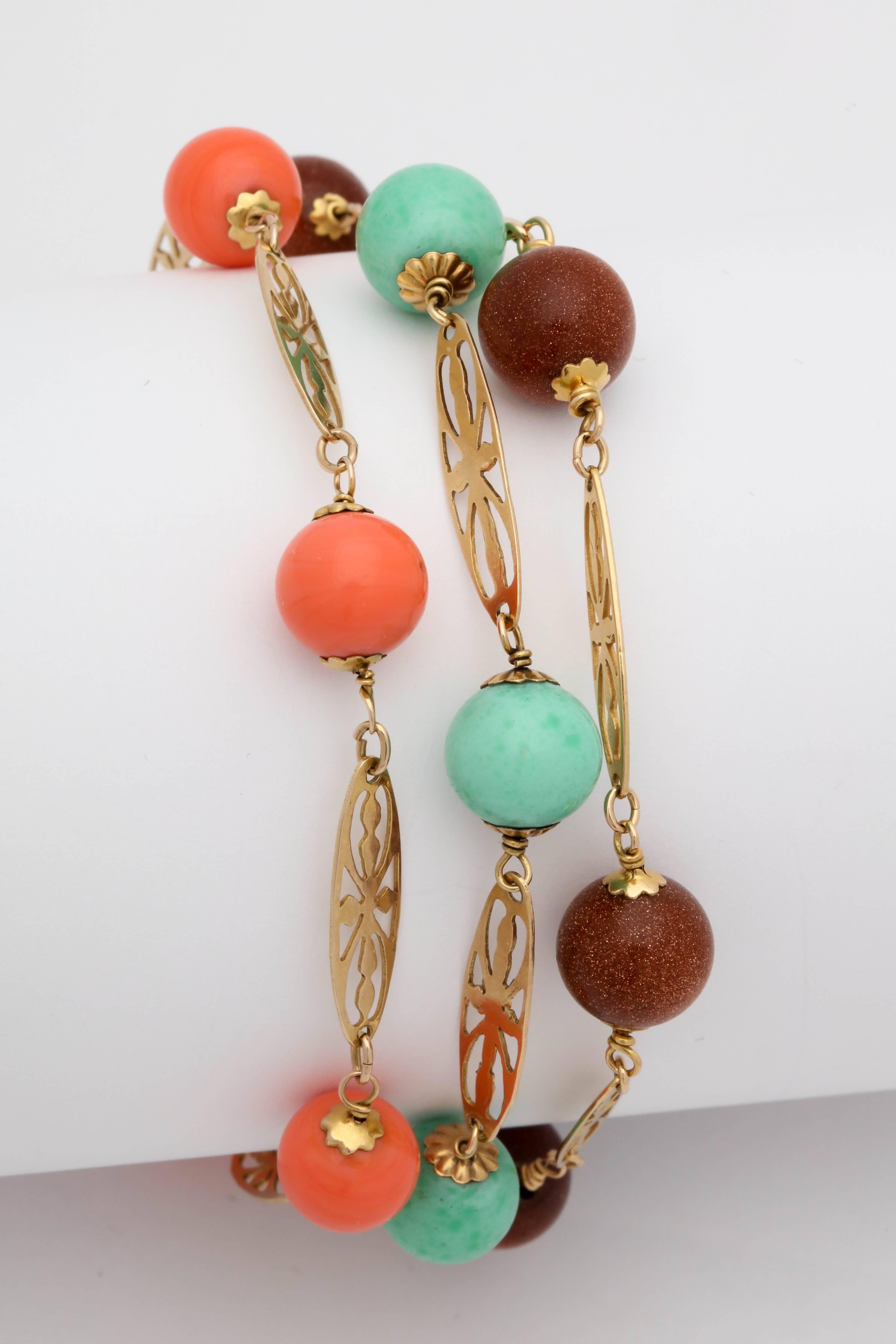 Round Cut 1950s Delicate Coral, Turquoise and Gold Stone Bead Triple Gold Link Bracelets For Sale