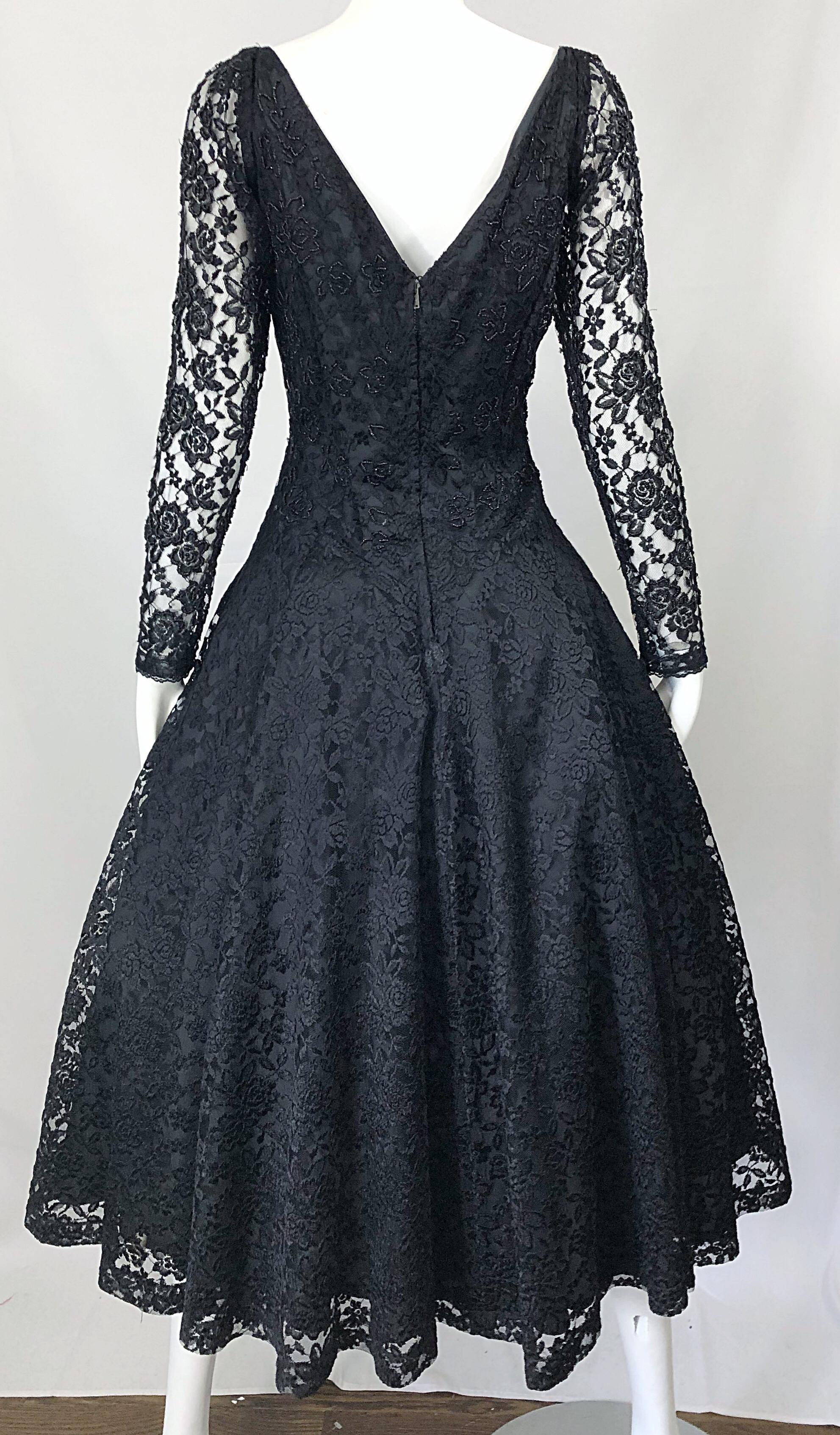 1950s Demi Couture Black Chantilly Lace Beaded Fit n' Flare Vintage 50s Dress For Sale 3