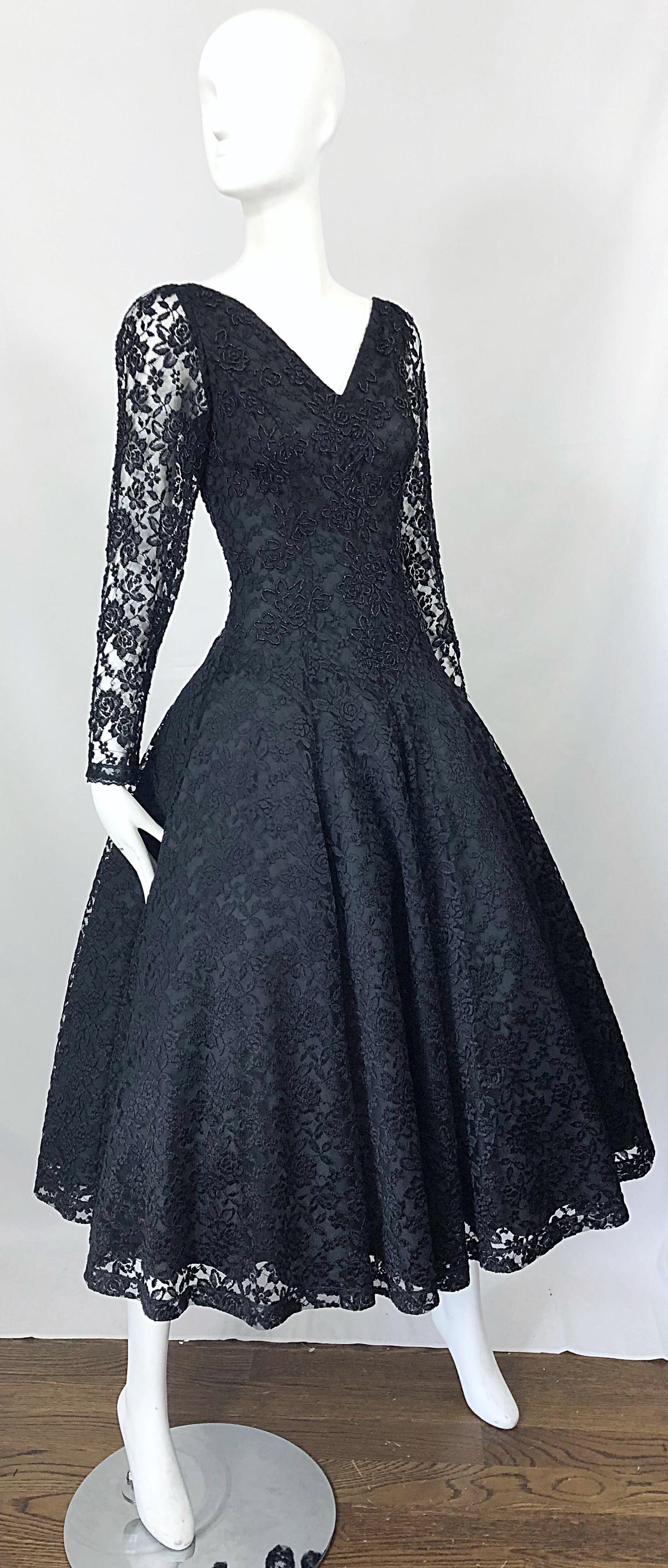 1950s Demi Couture Black Chantilly Lace Beaded Fit n' Flare Vintage 50s Dress For Sale 4