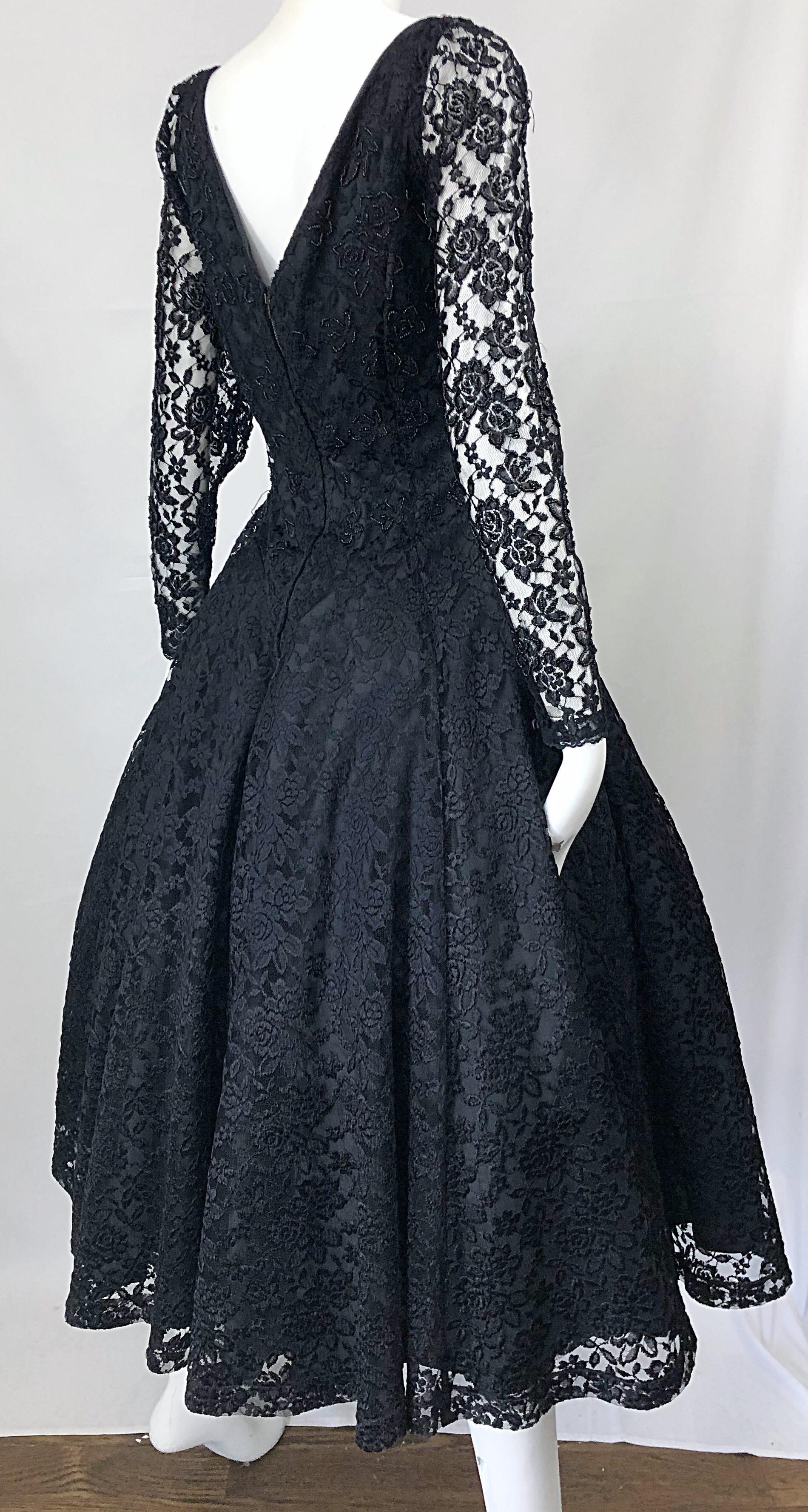 1950s Demi Couture Black Chantilly Lace Beaded Fit n' Flare Vintage 50s Dress For Sale 5