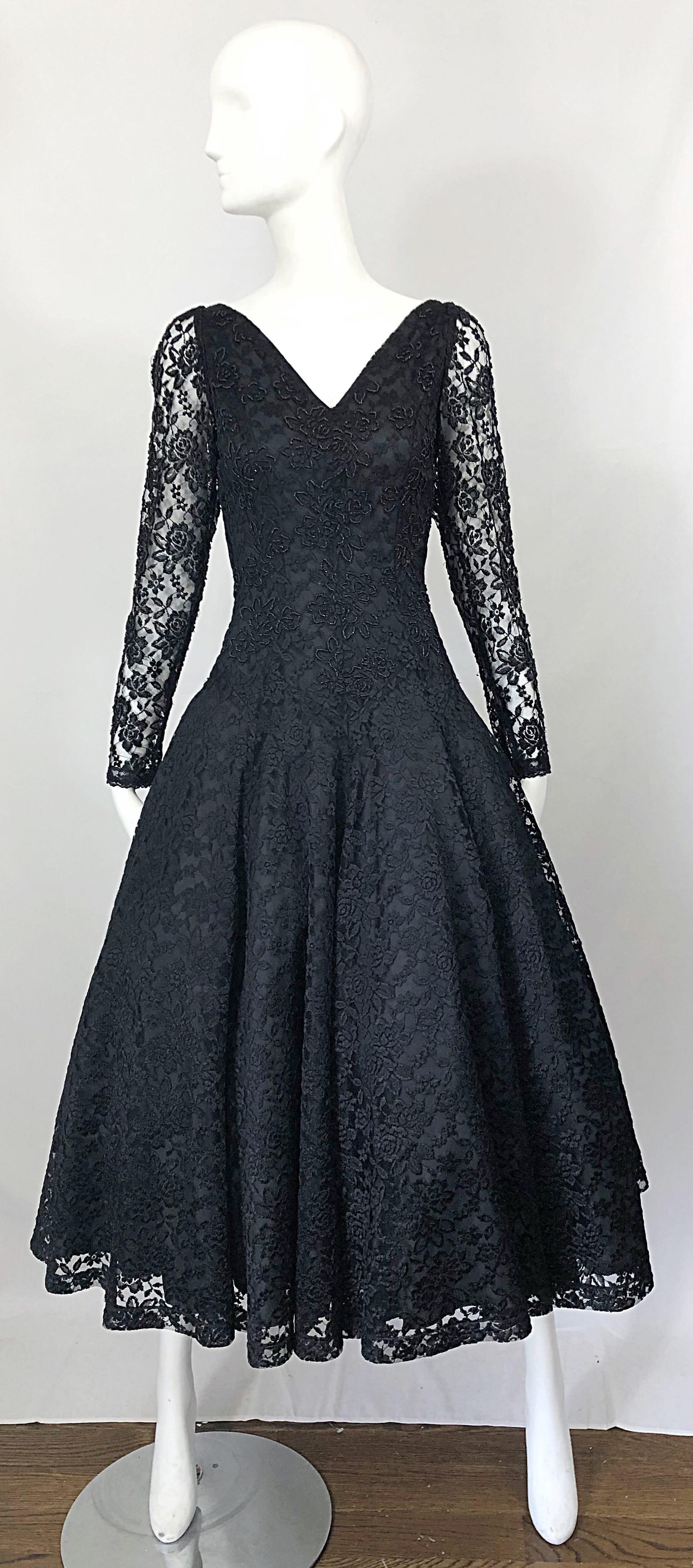1950s Demi Couture Black Chantilly Lace Beaded Fit n' Flare Vintage 50s Dress For Sale 6