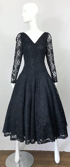 1950s Demi Couture Black Chantilly Lace Beaded Fit n' Flare Vintage 50s Dress