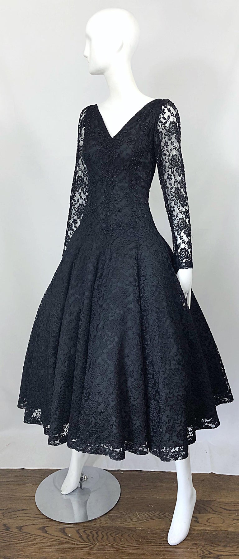 1950s Demi Couture Black Chantilly Lace Beaded Fit N' Flare Vintage 50s Dress 1950s Demi Couture Black Chantilly Lace Beaded Fit N' Flare Vintage 50s Dress