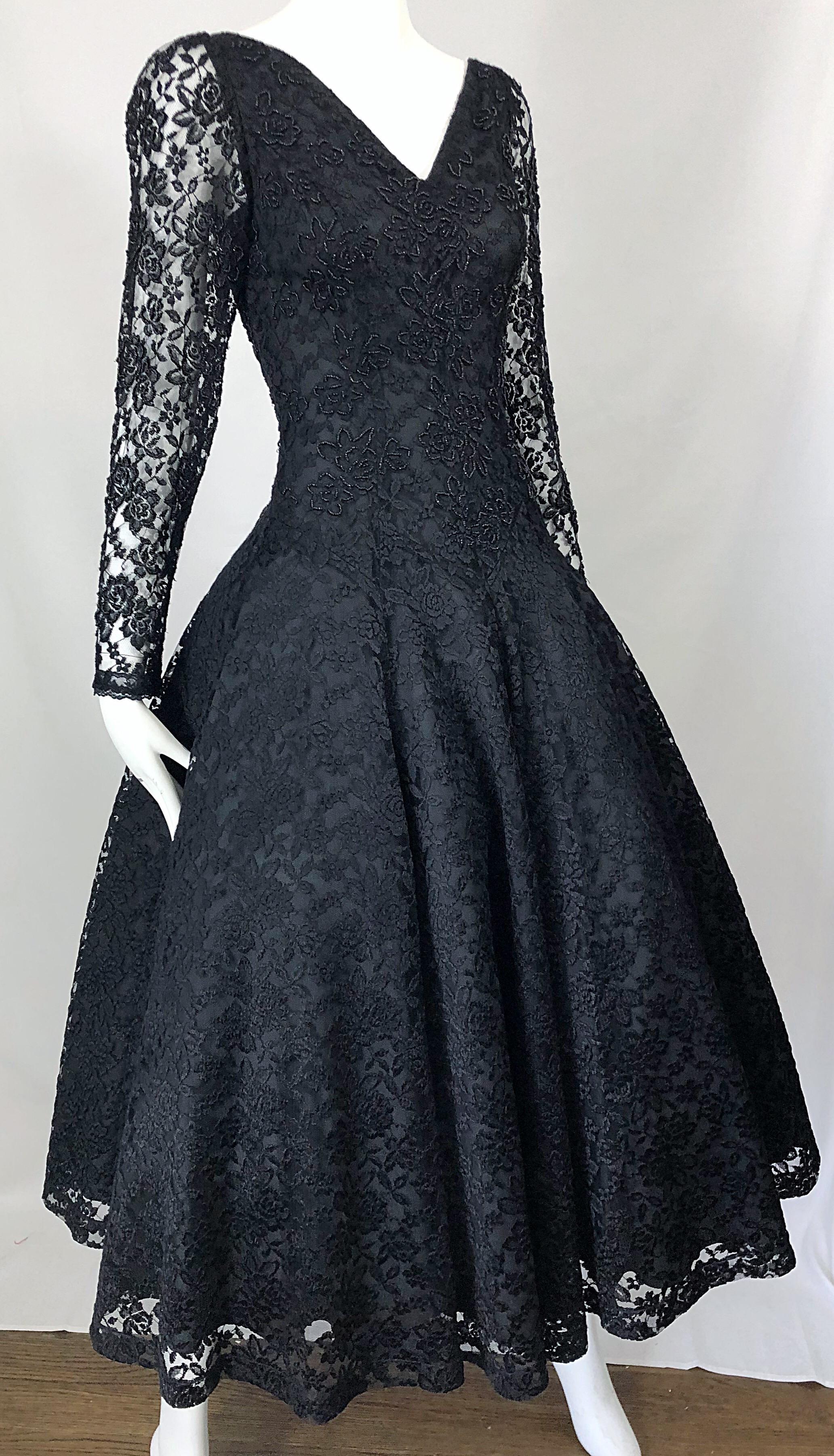 1950s Demi Couture Black Chantilly Lace Beaded Fit n' Flare Vintage 50s Dress In Excellent Condition For Sale In San Diego, CA