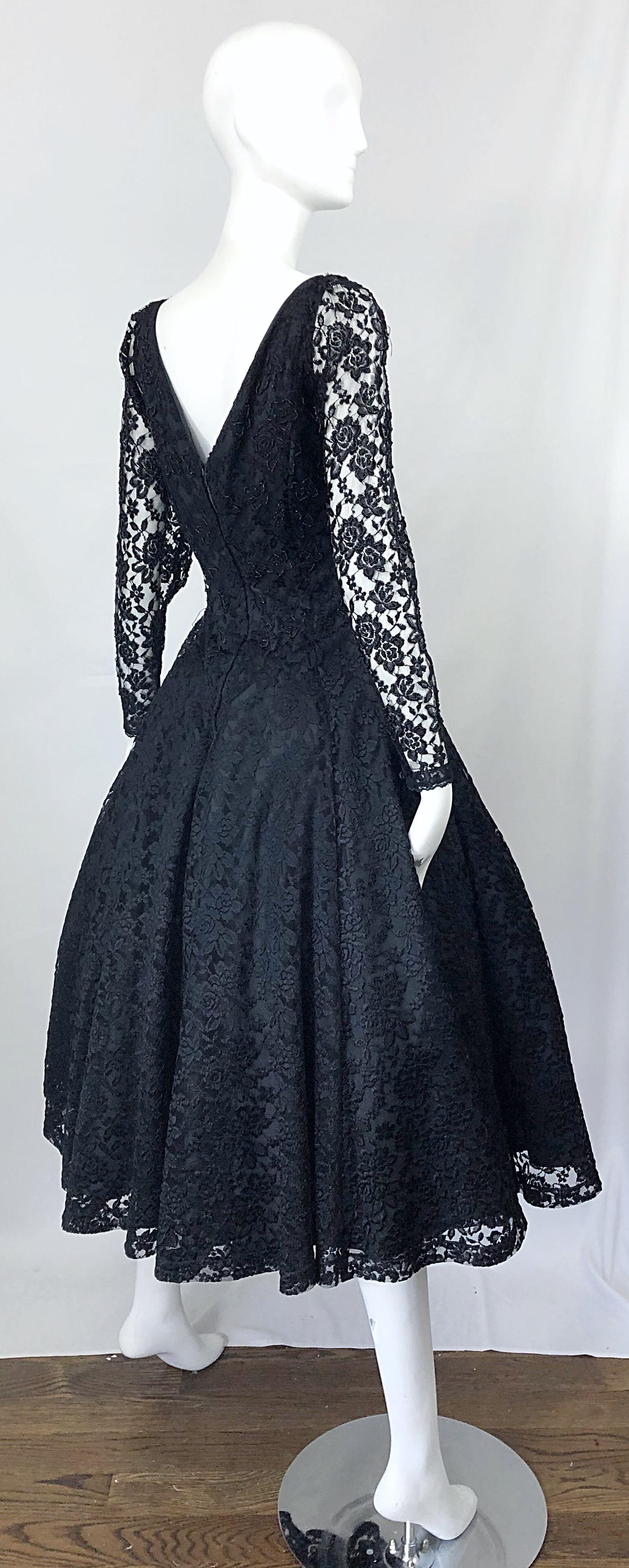 Women's 1950s Demi Couture Black Chantilly Lace Beaded Fit n' Flare Vintage 50s Dress For Sale