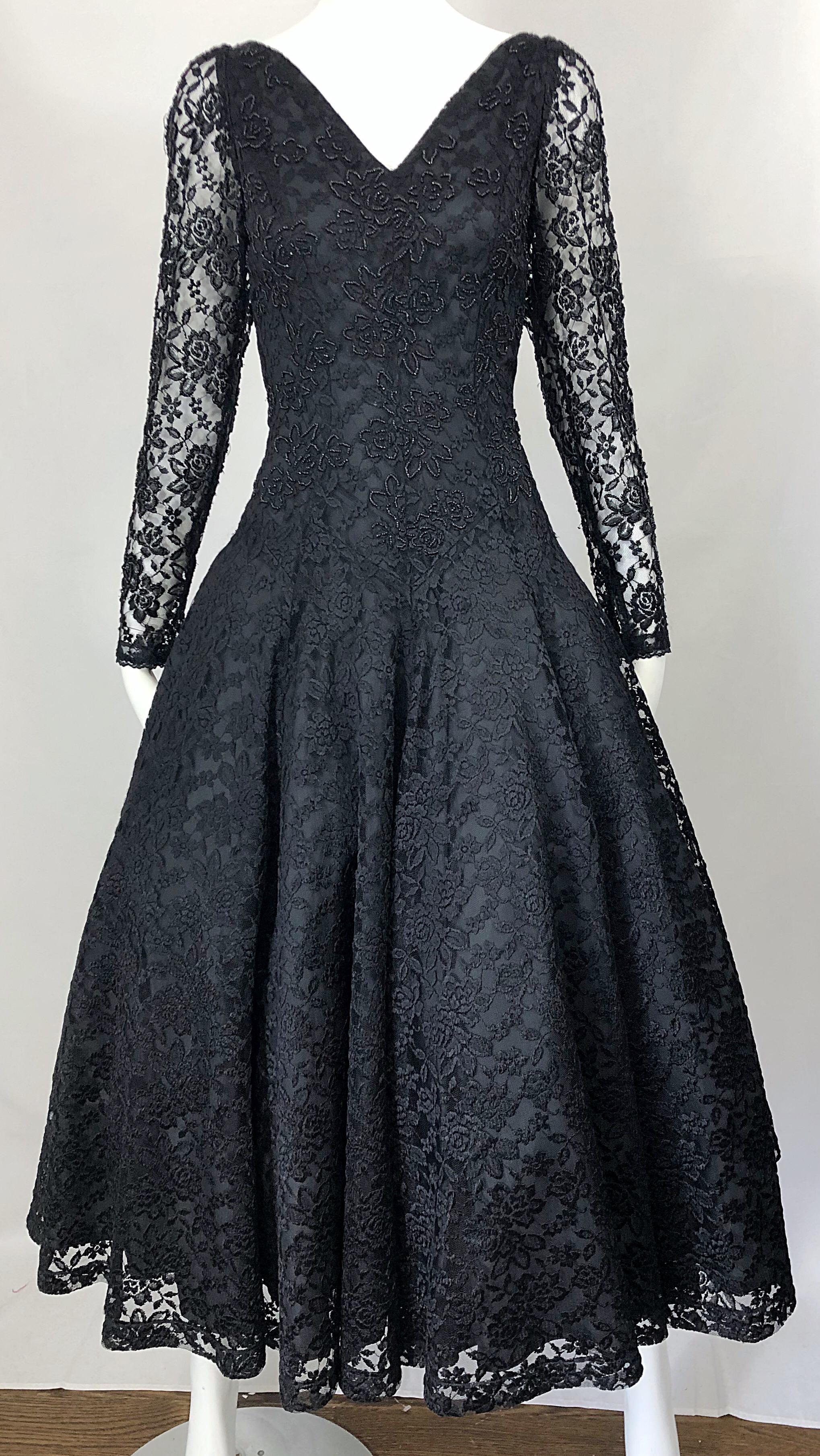 1950s Demi Couture Black Chantilly Lace Beaded Fit n' Flare Vintage 50s Dress For Sale 1