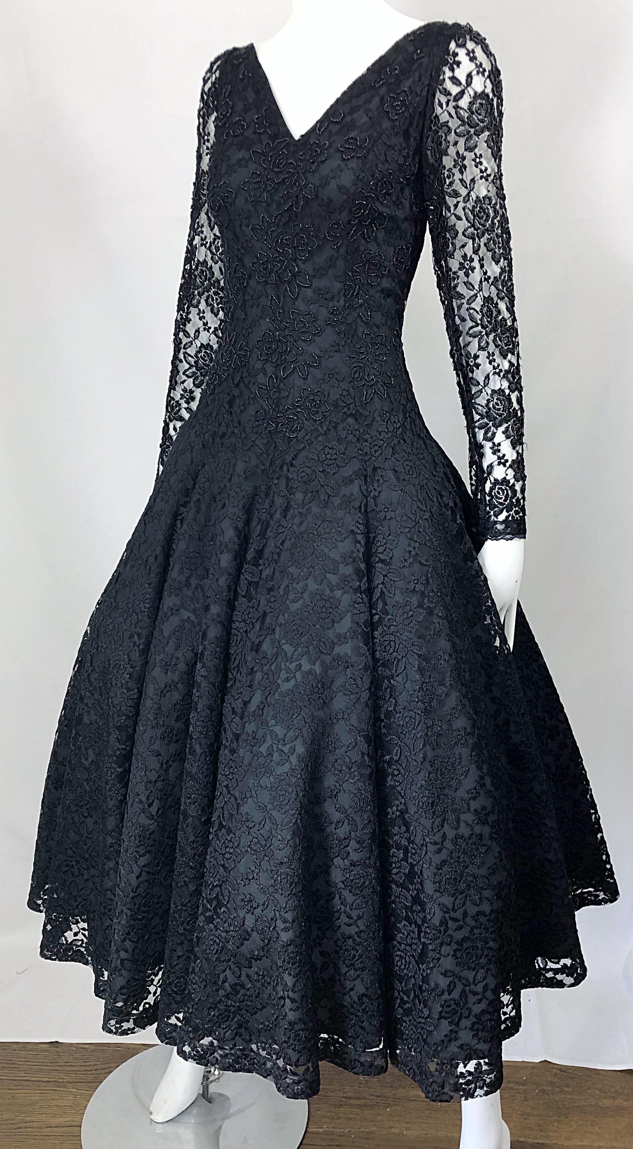 1950s Demi Couture Black Chantilly Lace Beaded Fit n' Flare Vintage 50s Dress For Sale 2