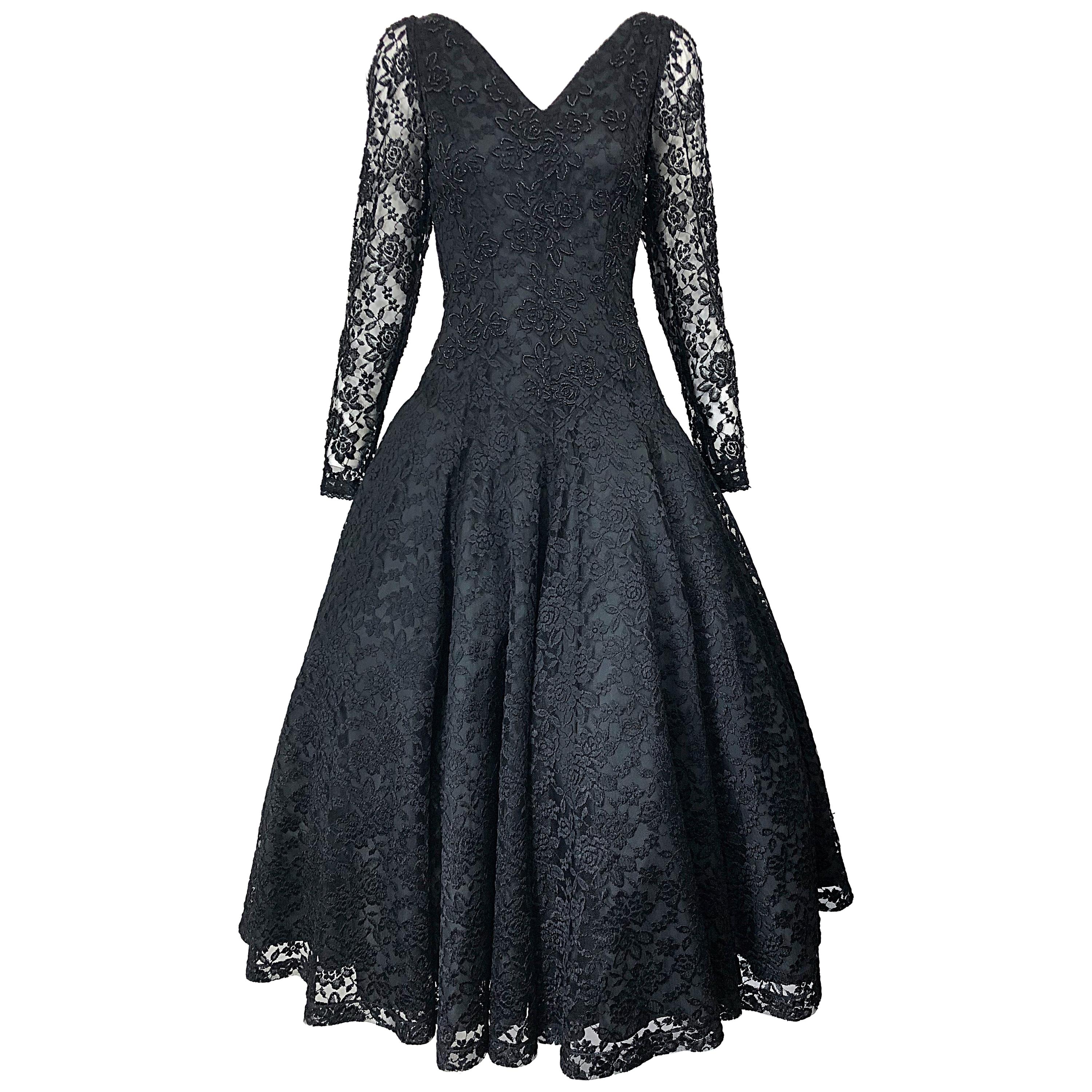 1950s Demi Couture Black Chantilly Lace Beaded Fit n' Flare Vintage 50s Dress For Sale
