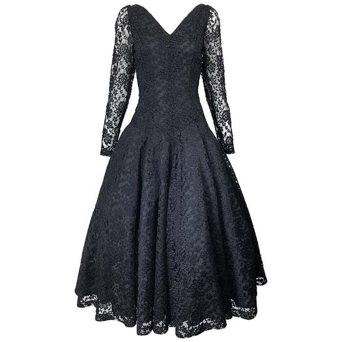1950s Demi Couture Black Chantilly Lace Beaded Fit n' Flare Vintage 50s ...