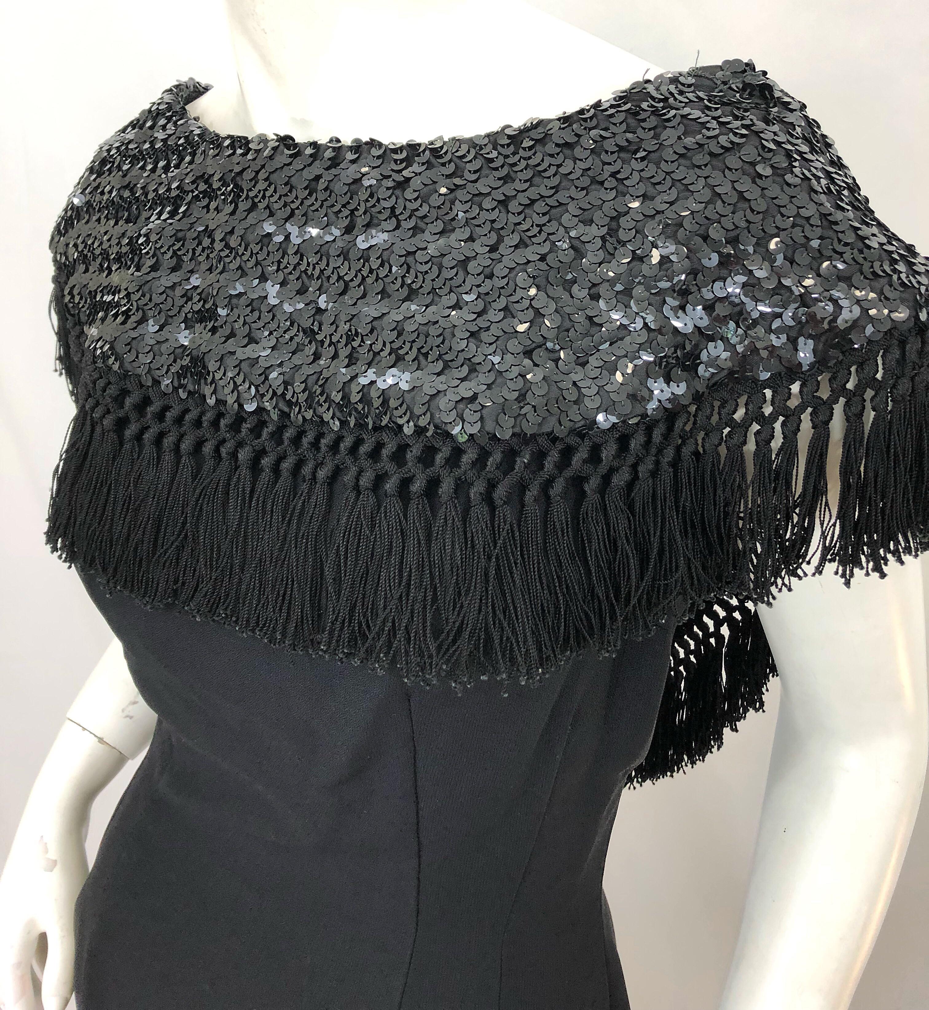 1950s Demi Couture Black Silk Crepe Dramatic Sequin Neck Fringe Vintage Dress For Sale 3