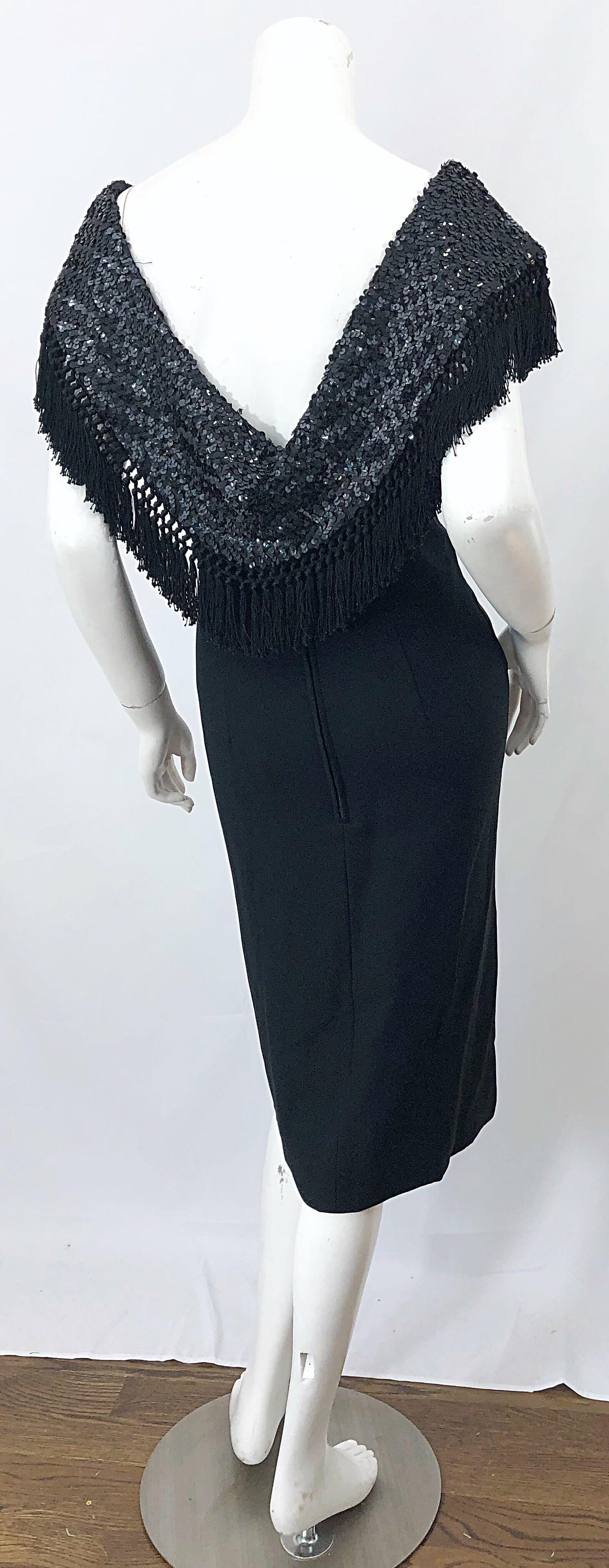 1950s Demi Couture Black Silk Crepe Dramatic Sequin Neck Fringe Vintage Dress For Sale 4