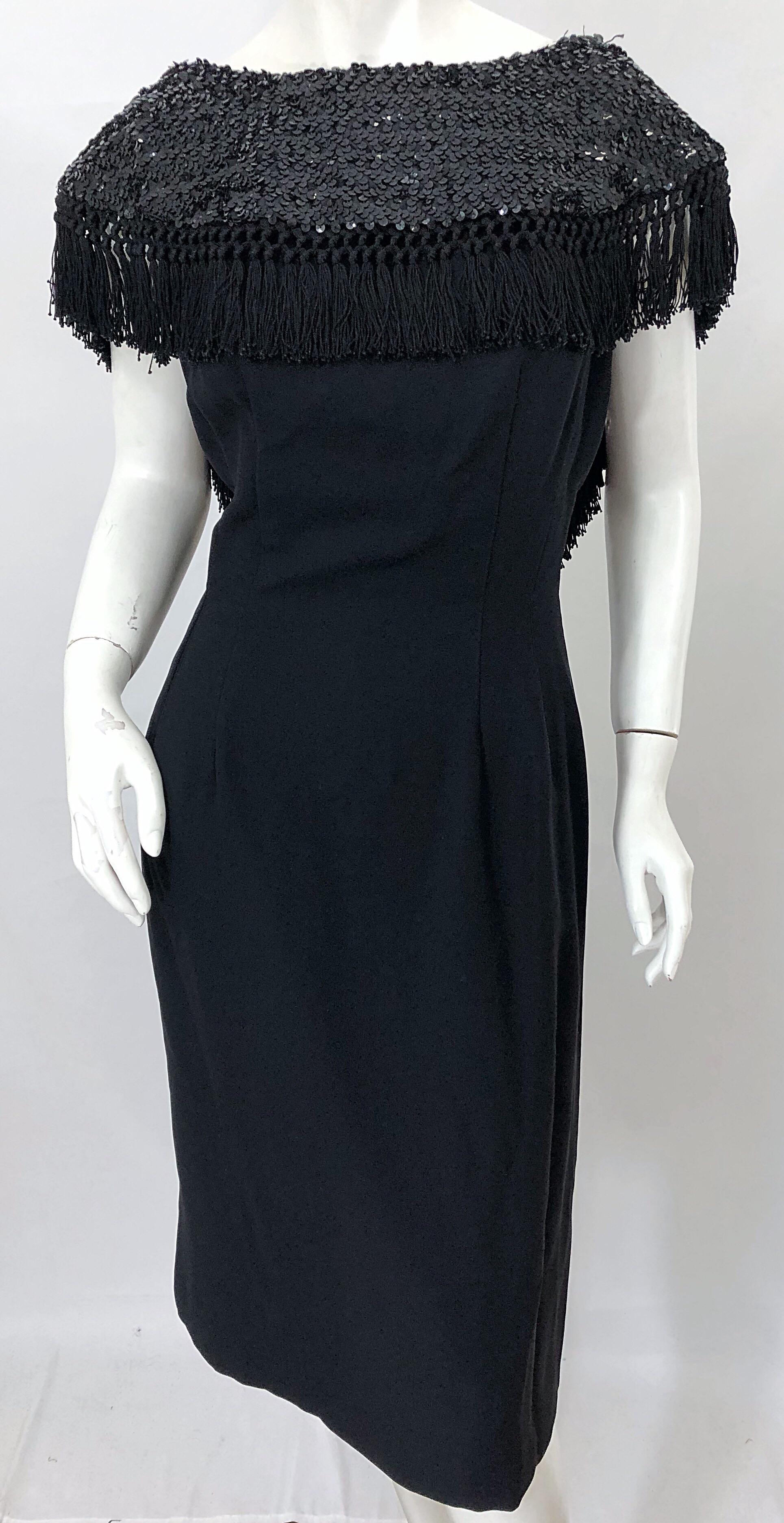 1950s Demi Couture Black Silk Crepe Dramatic Sequin Neck Fringe Vintage Dress For Sale 5