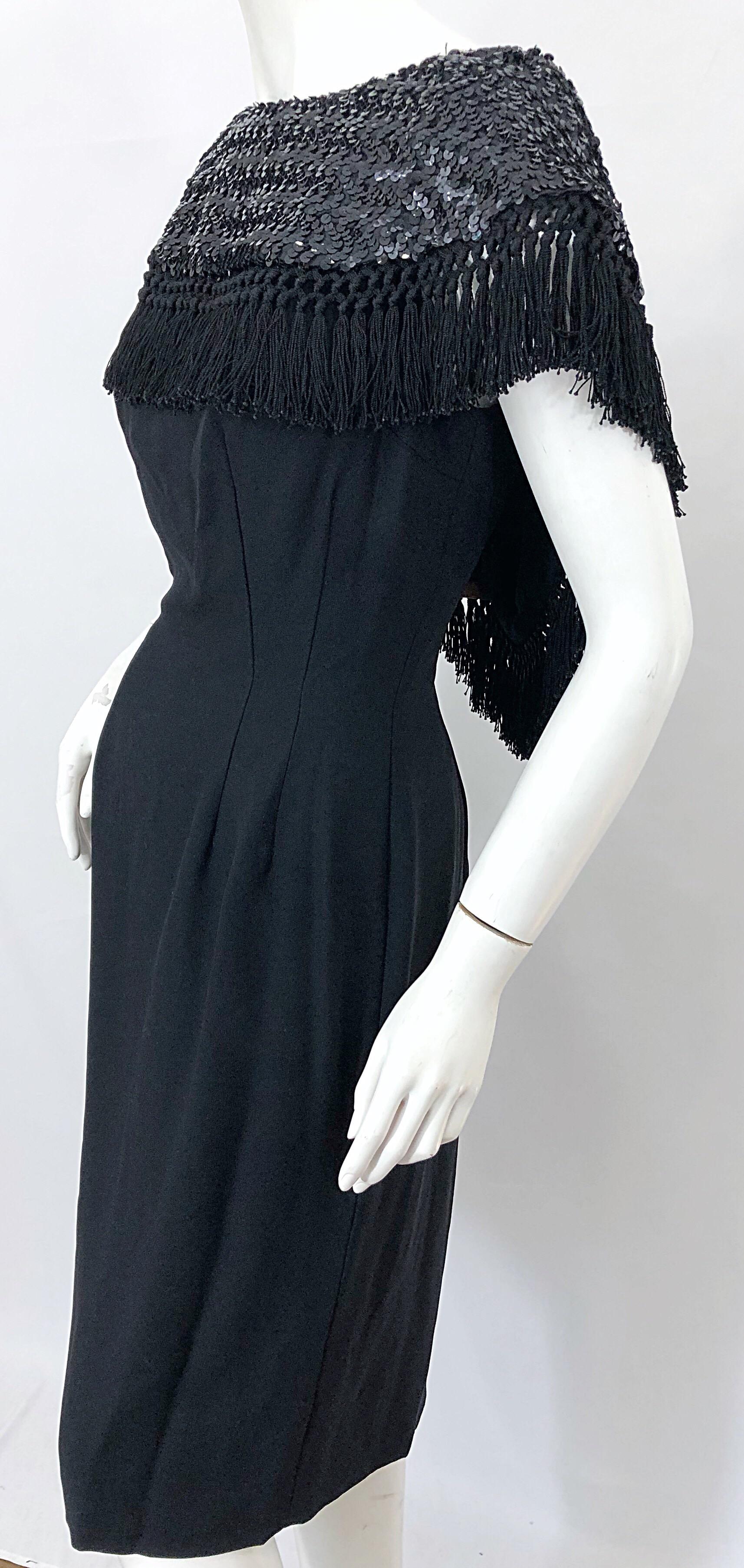 1950s Demi Couture Black Silk Crepe Dramatic Sequin Neck Fringe Vintage Dress In Excellent Condition For Sale In San Diego, CA