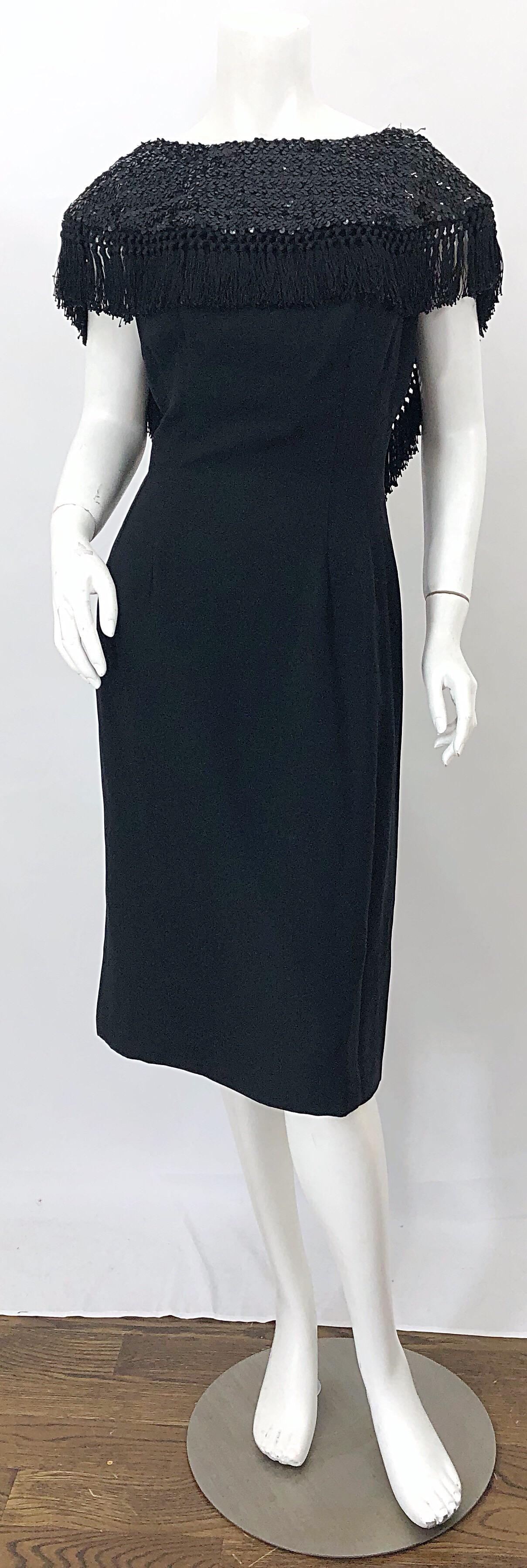 Women's 1950s Demi Couture Black Silk Crepe Dramatic Sequin Neck Fringe Vintage Dress For Sale