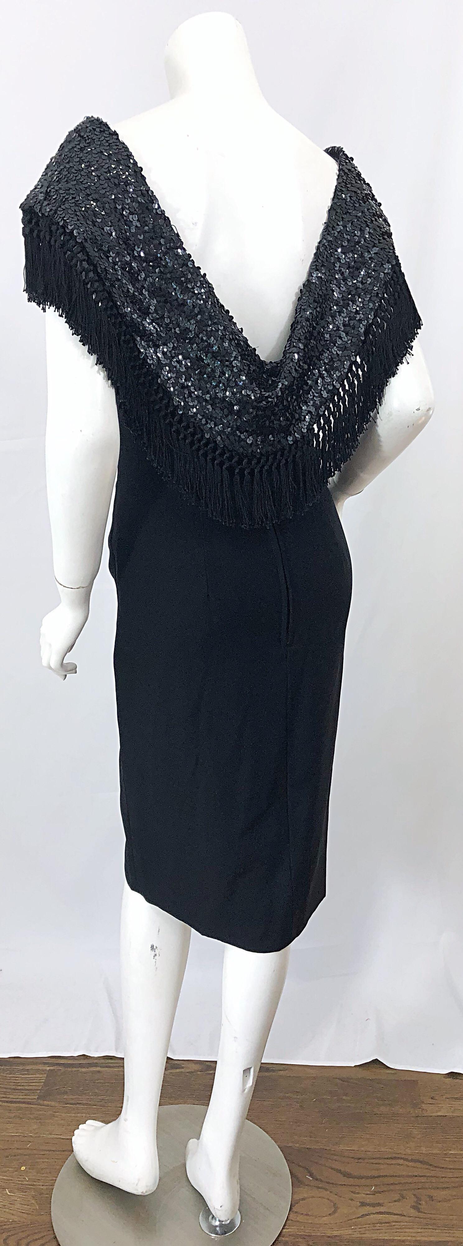 1950s Demi Couture Black Silk Crepe Dramatic Sequin Neck Fringe Vintage Dress For Sale 1