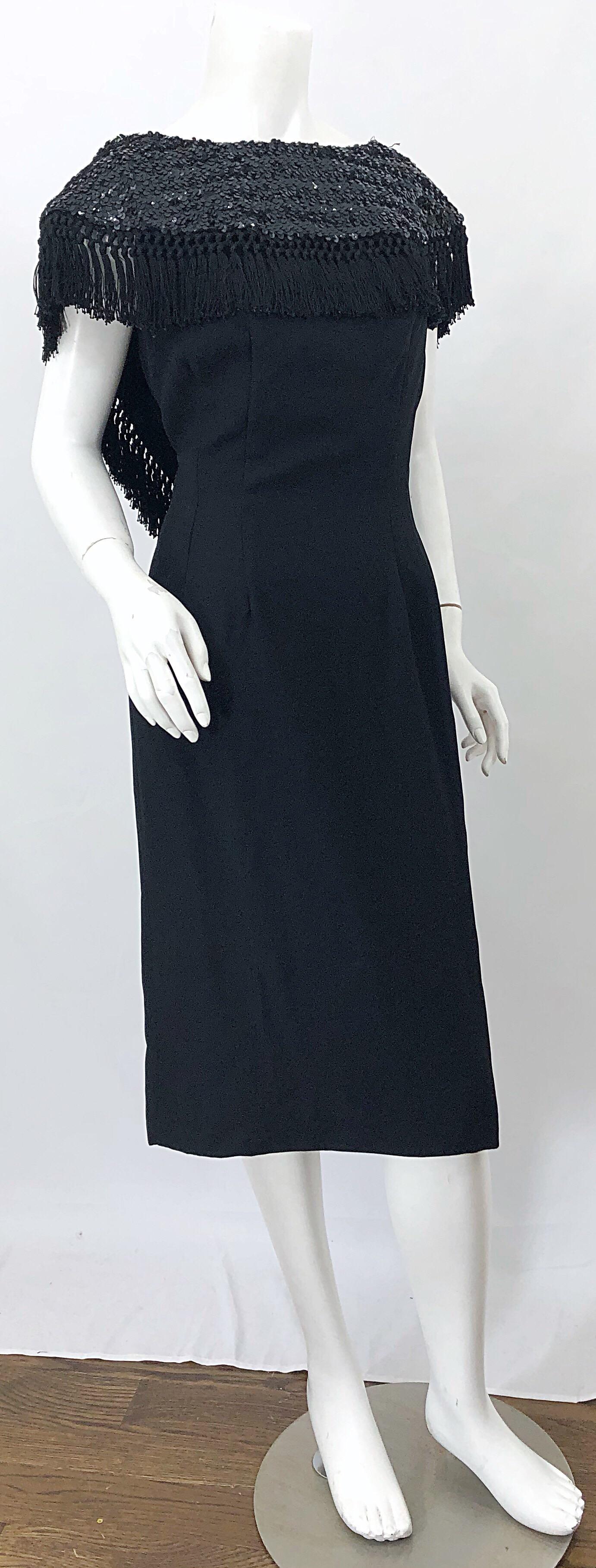 1950s Demi Couture Black Silk Crepe Dramatic Sequin Neck Fringe Vintage Dress For Sale 2