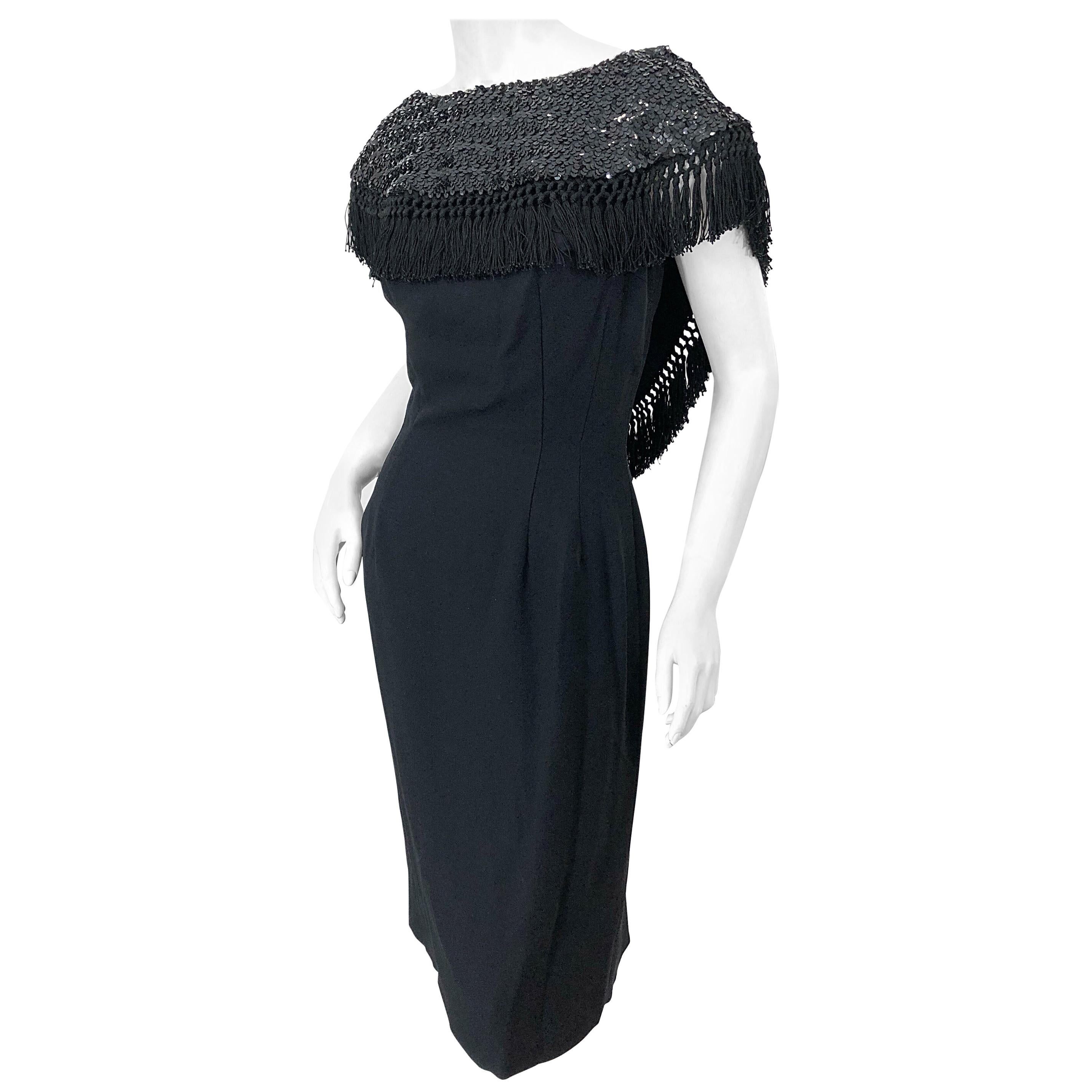 1950s Demi Couture Black Silk Crepe Dramatic Sequin Neck Fringe Vintage Dress For Sale