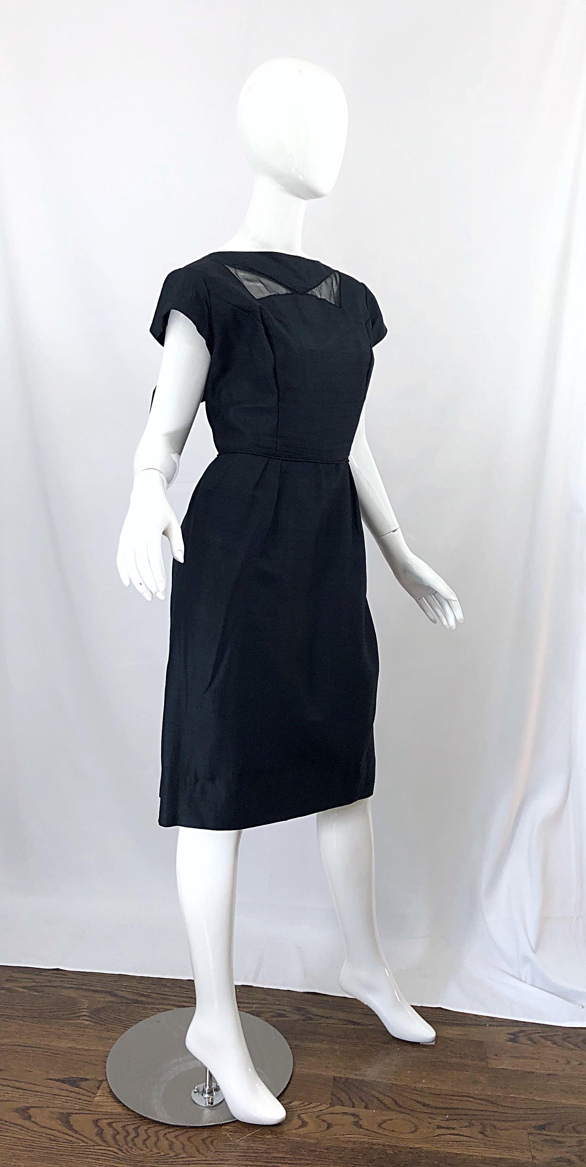 1950s Demi Couture Black Silk Cut - Out Chic Vintage 50s Cocktail Dress For Sale 8