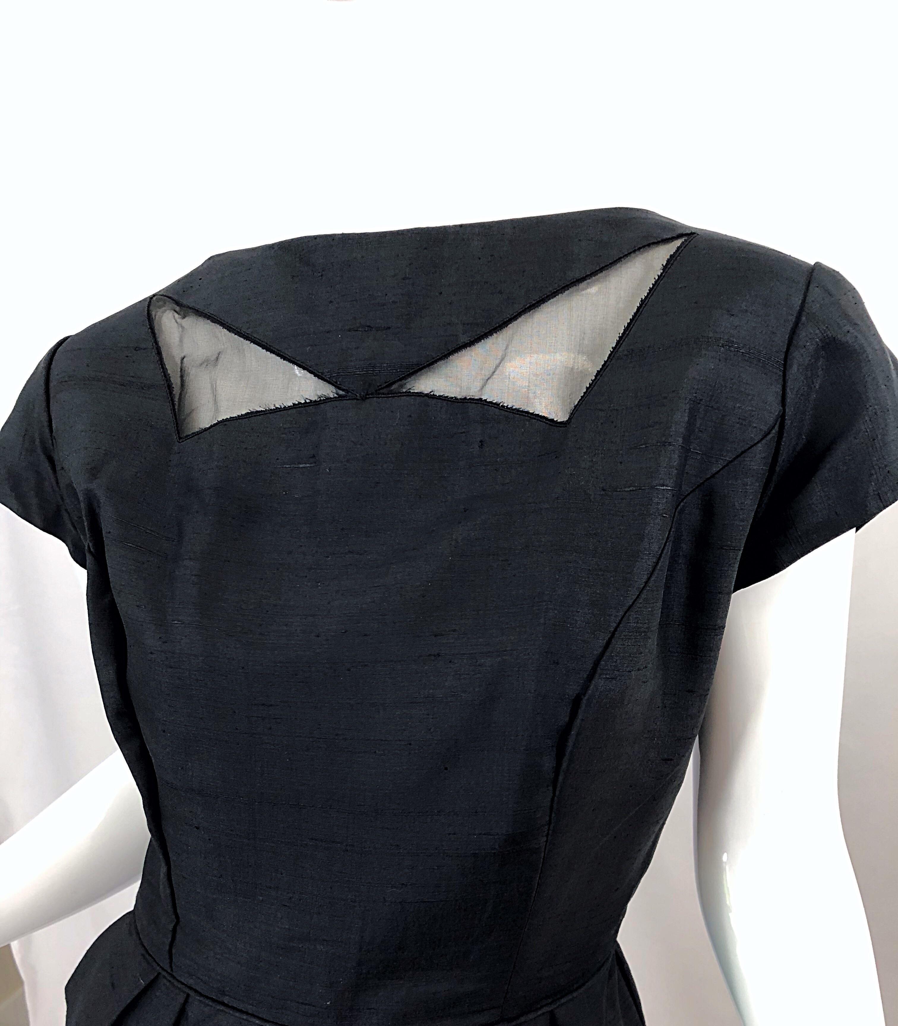 1950s Demi Couture Black Silk Cut - Out Chic Vintage 50s Cocktail Dress For Sale 9