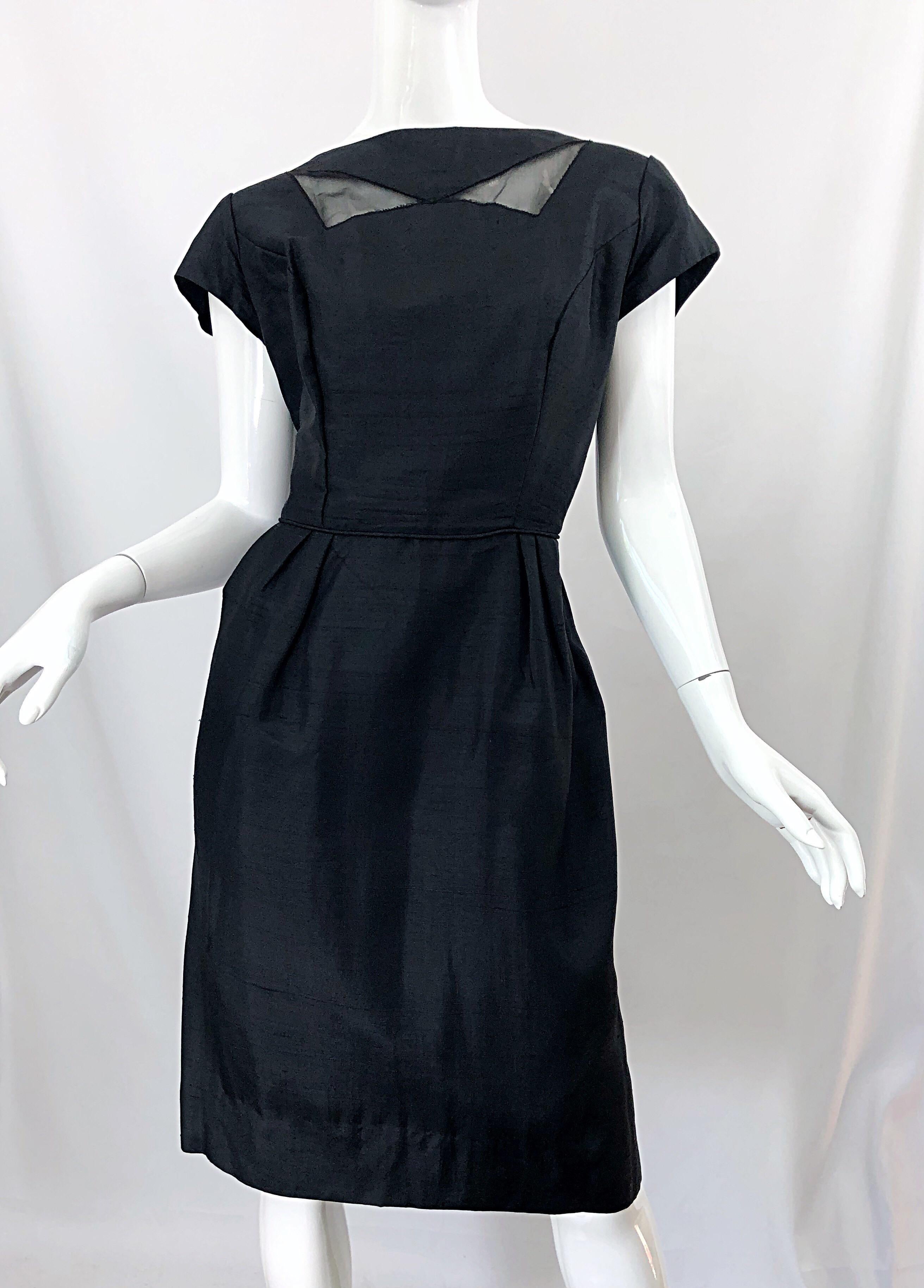 1950s Demi Couture Black Silk Cut - Out Chic Vintage 50s Cocktail Dress For Sale 10