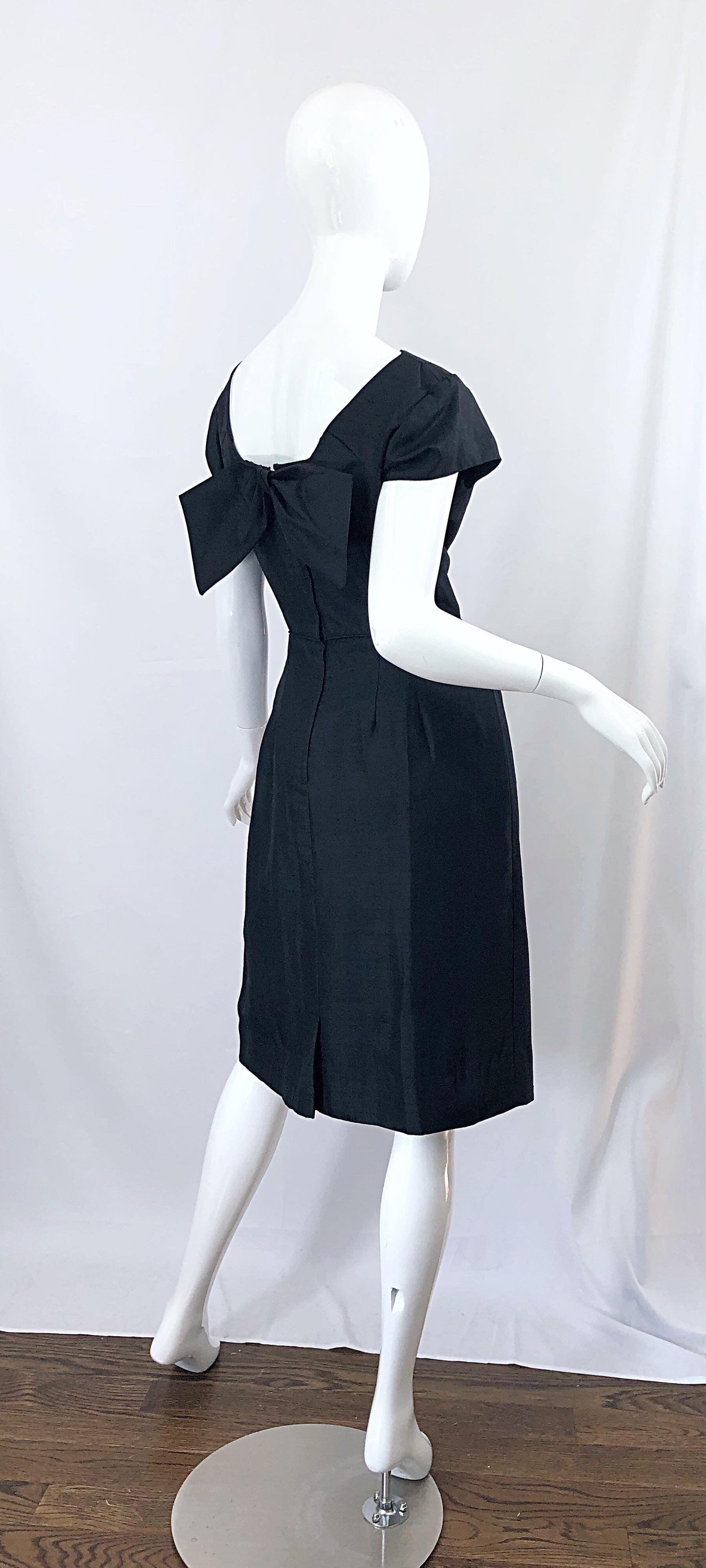 1950s Demi Couture Black Silk Cut - Out Chic Vintage 50s Cocktail Dress For Sale 11