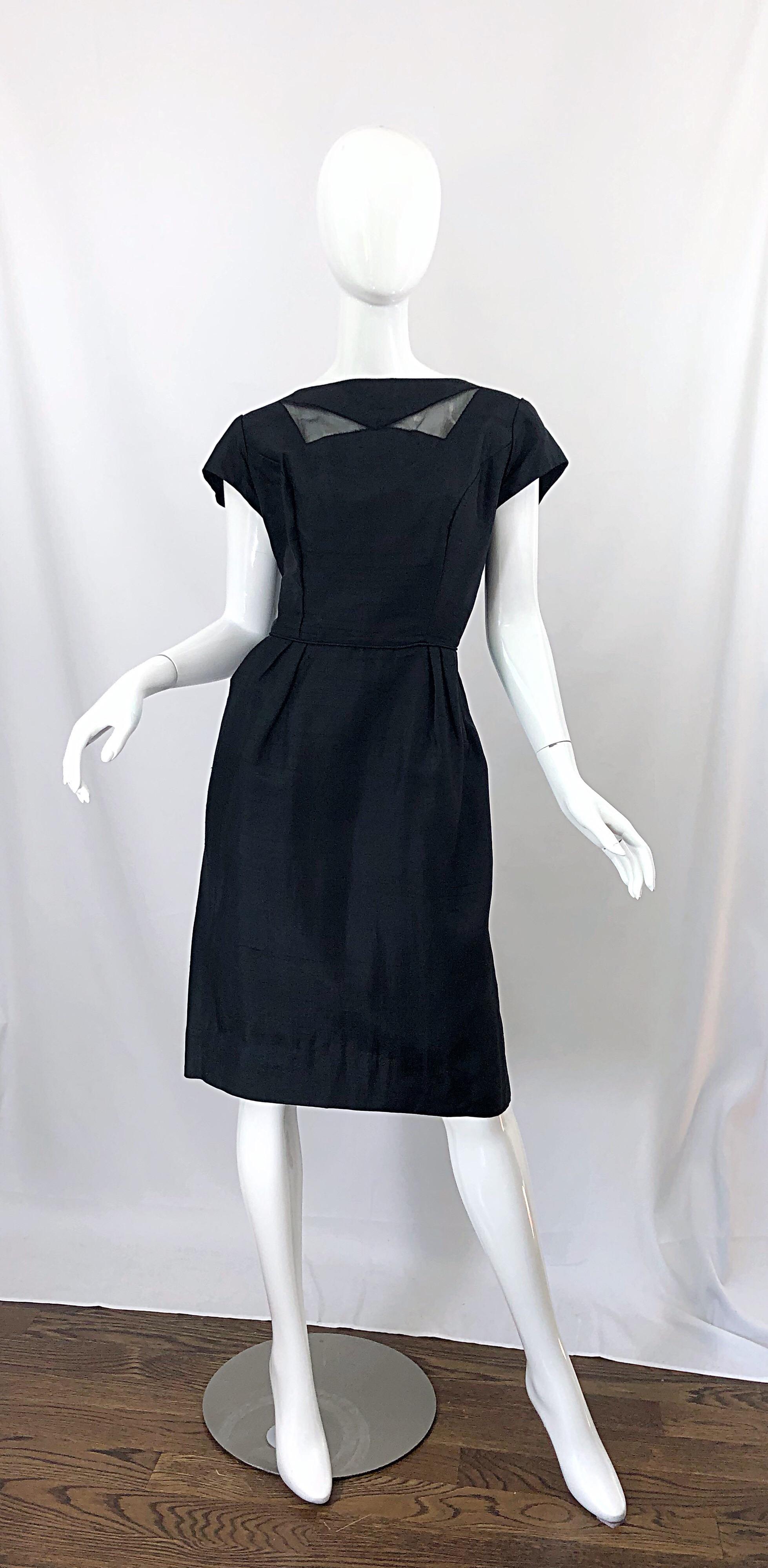 1950s Demi Couture Black Silk Cut - Out Chic Vintage 50s Cocktail Dress For Sale 12