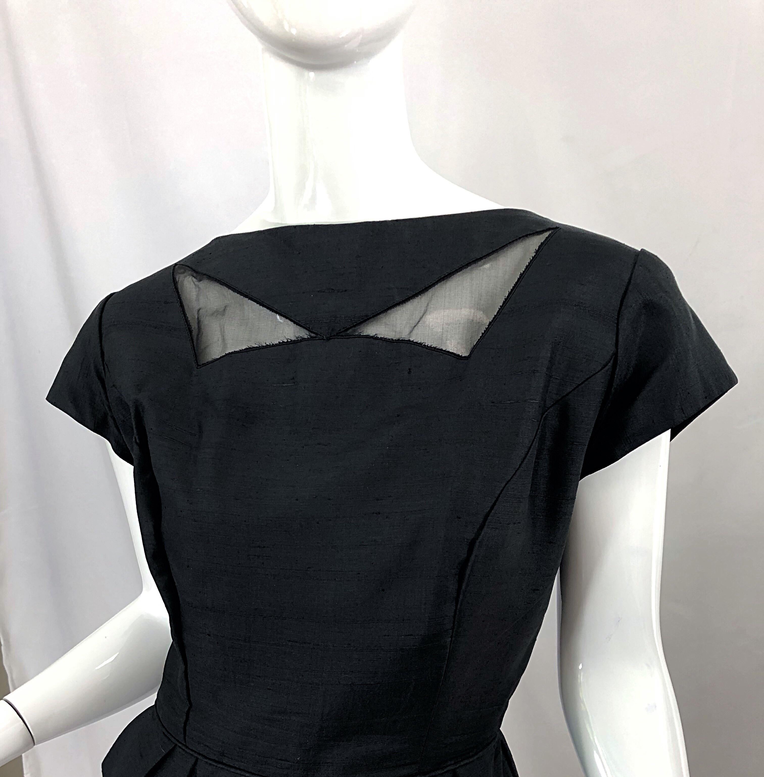 1950s Demi Couture Black Silk Cut - Out Chic Vintage 50s Cocktail Dress For Sale 1
