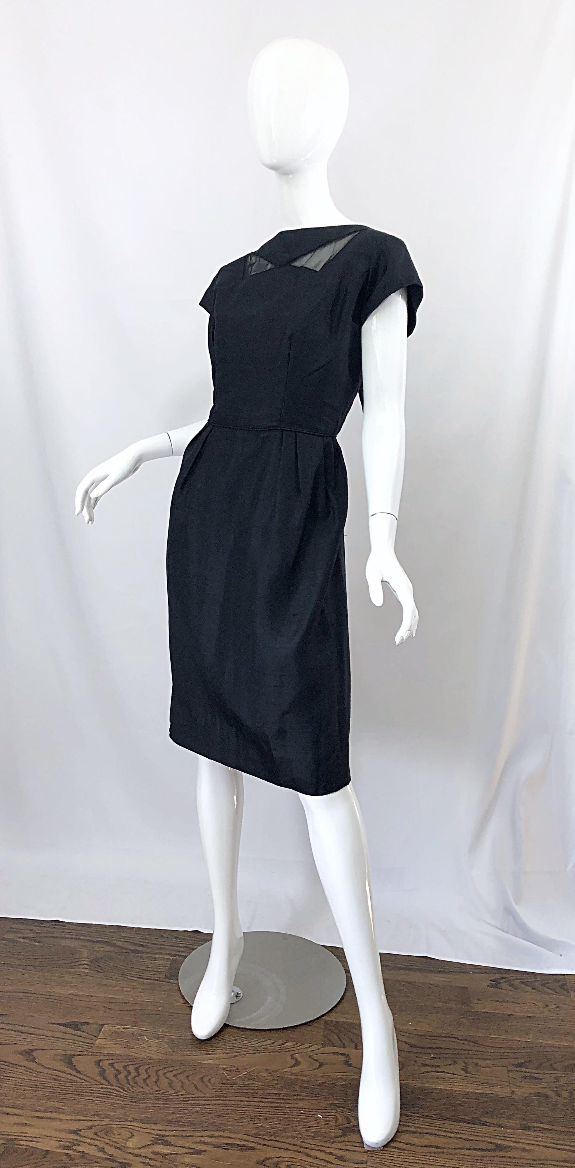 1950s Demi Couture Black Silk Cut - Out Chic Vintage 50s Cocktail Dress For Sale 2