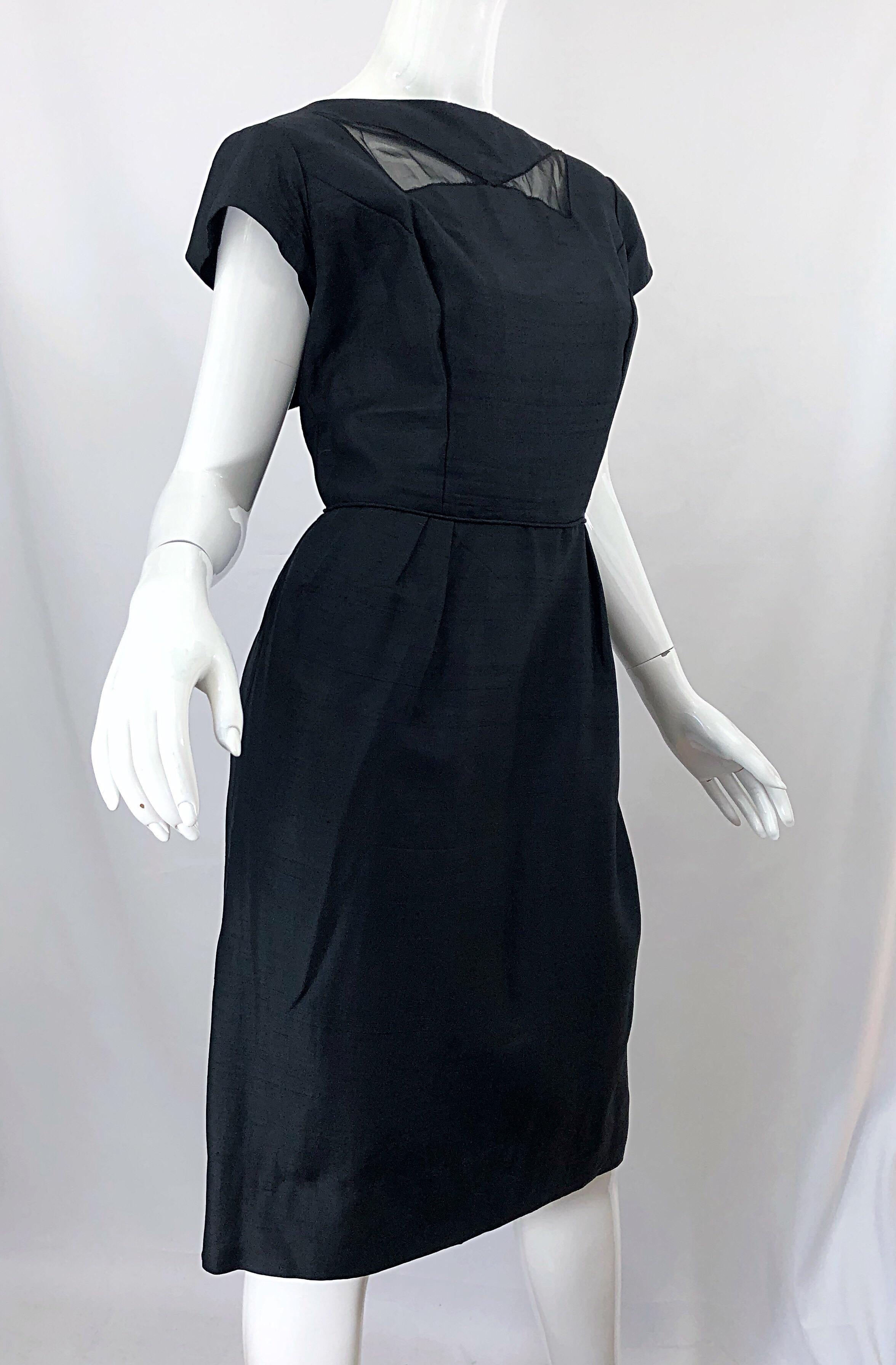 1950s Demi Couture Black Silk Cut - Out Chic Vintage 50s Cocktail Dress For Sale 3