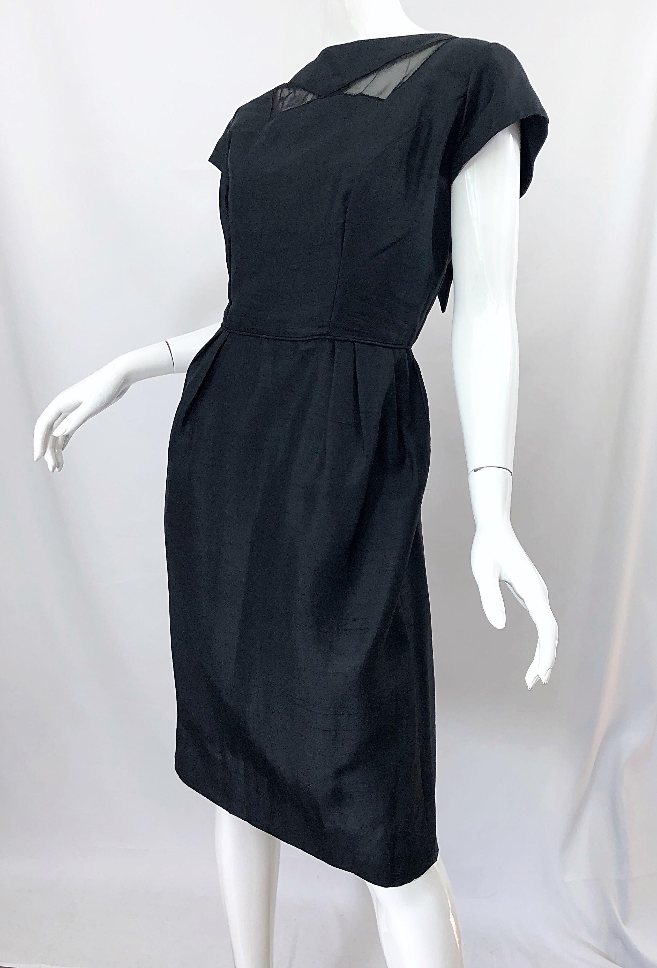 1950s Demi Couture Black Silk Cut - Out Chic Vintage 50s Cocktail Dress For Sale 5