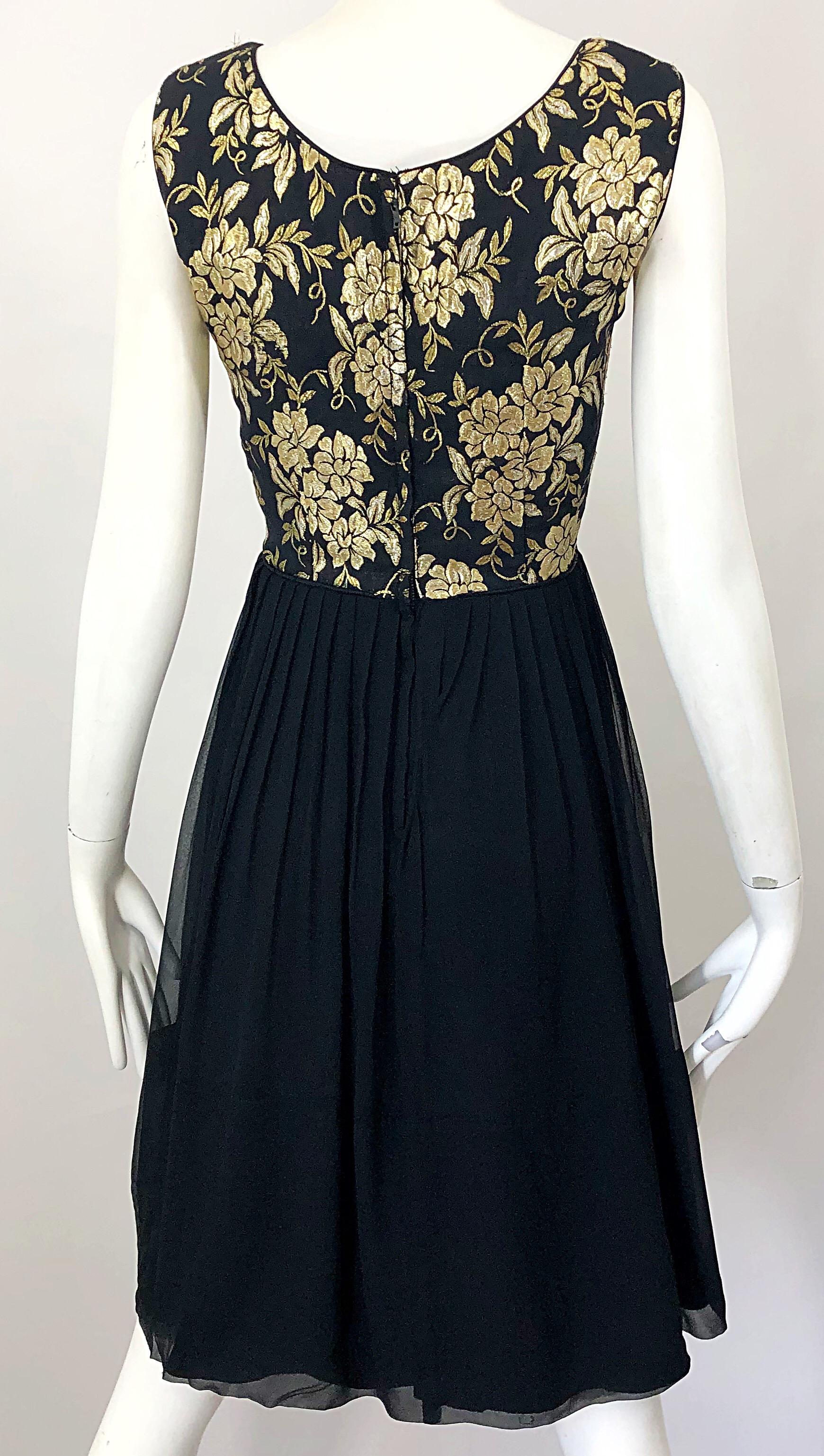 1950s Demi Couture Gold + Black Silk Brocade and Chiffon Vintage 50s Dress For Sale 6