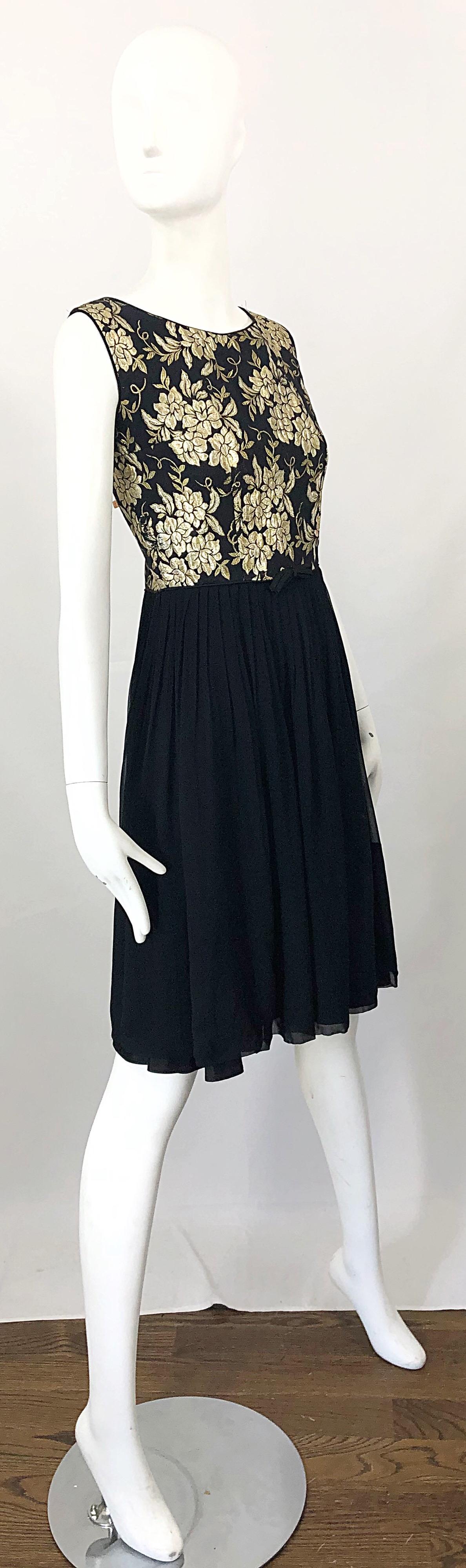 1950s Demi Couture Gold + Black Silk Brocade and Chiffon Vintage 50s Dress For Sale 7