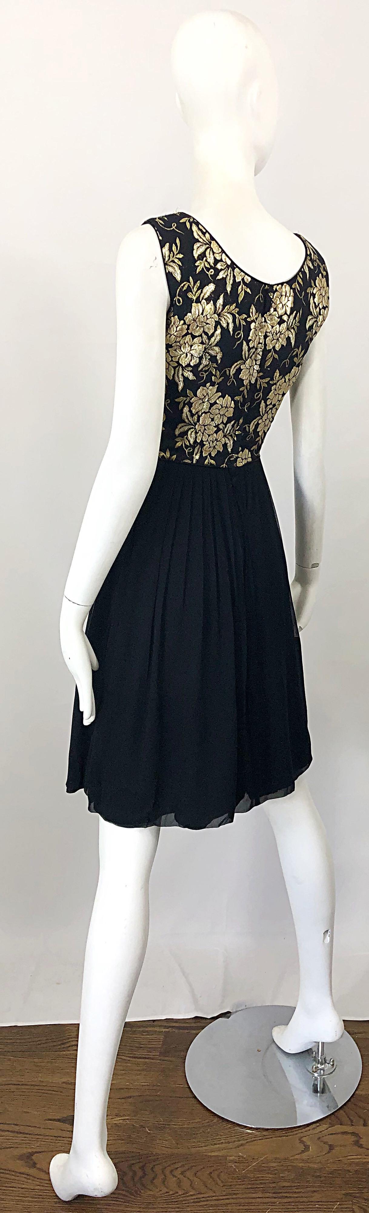 1950s Demi Couture Gold + Black Silk Brocade and Chiffon Vintage 50s Dress For Sale 8