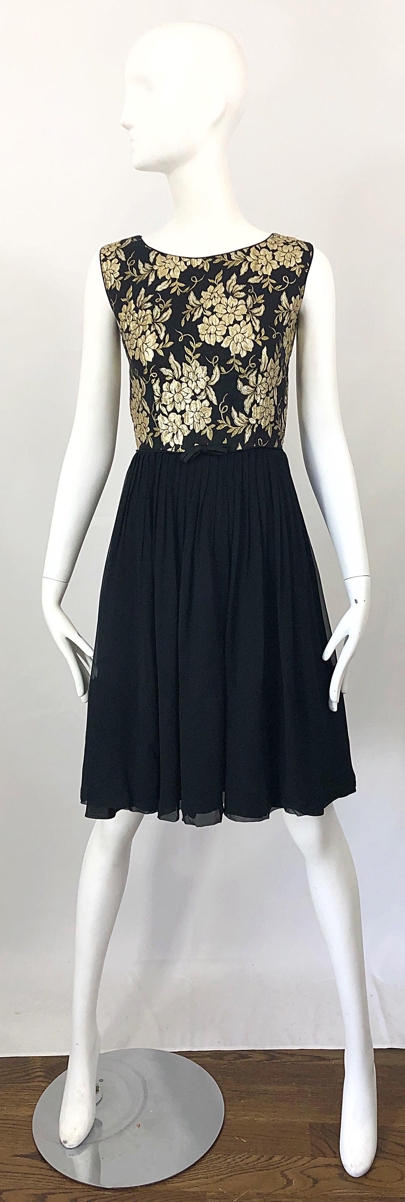 1950s Demi Couture Gold + Black Silk Brocade and Chiffon Vintage 50s Dress For Sale 9