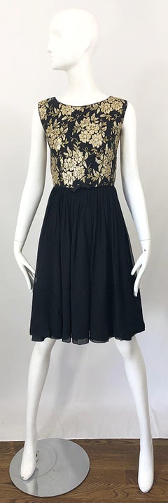 1950s Demi Couture Gold + Black Silk Brocade and Chiffon Vintage 50s Dress