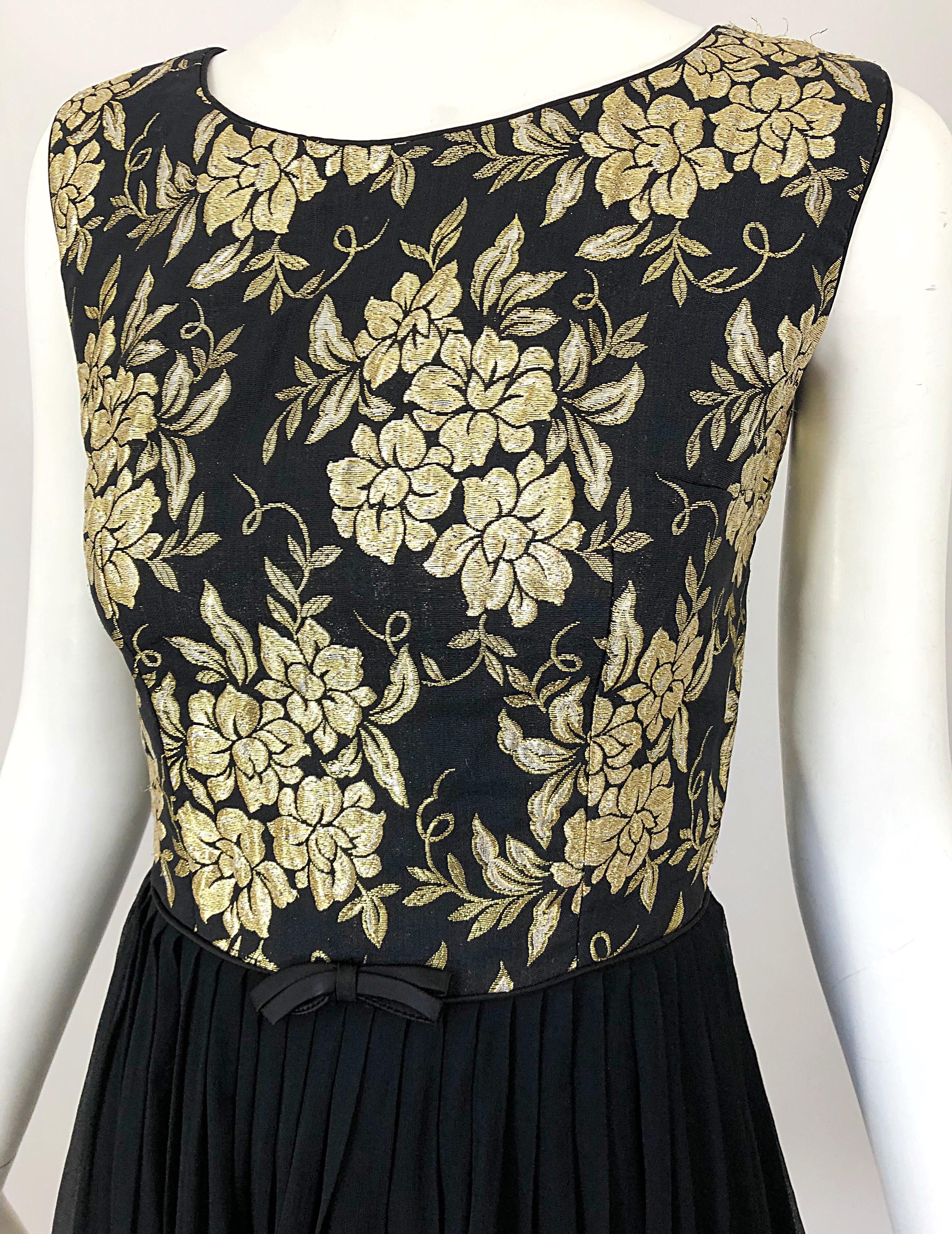 1950s Demi Couture Gold + Black Silk Brocade and Chiffon Vintage 50s Dress In Excellent Condition For Sale In San Diego, CA