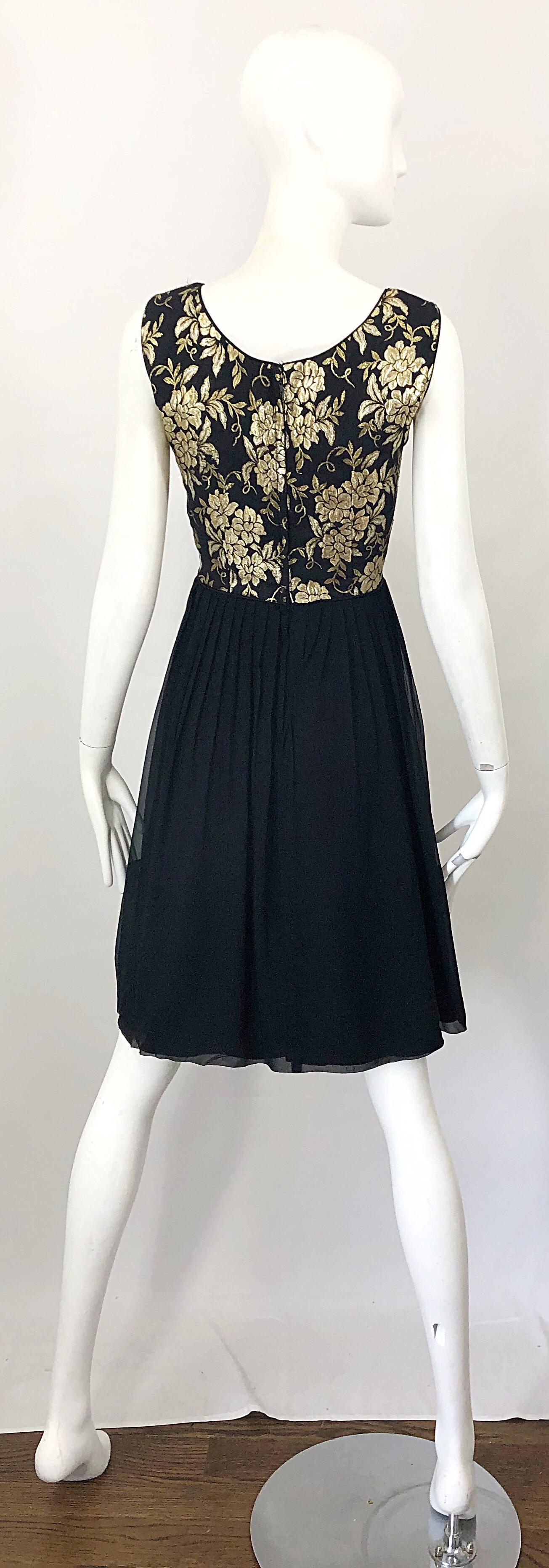 Women's 1950s Demi Couture Gold + Black Silk Brocade and Chiffon Vintage 50s Dress For Sale