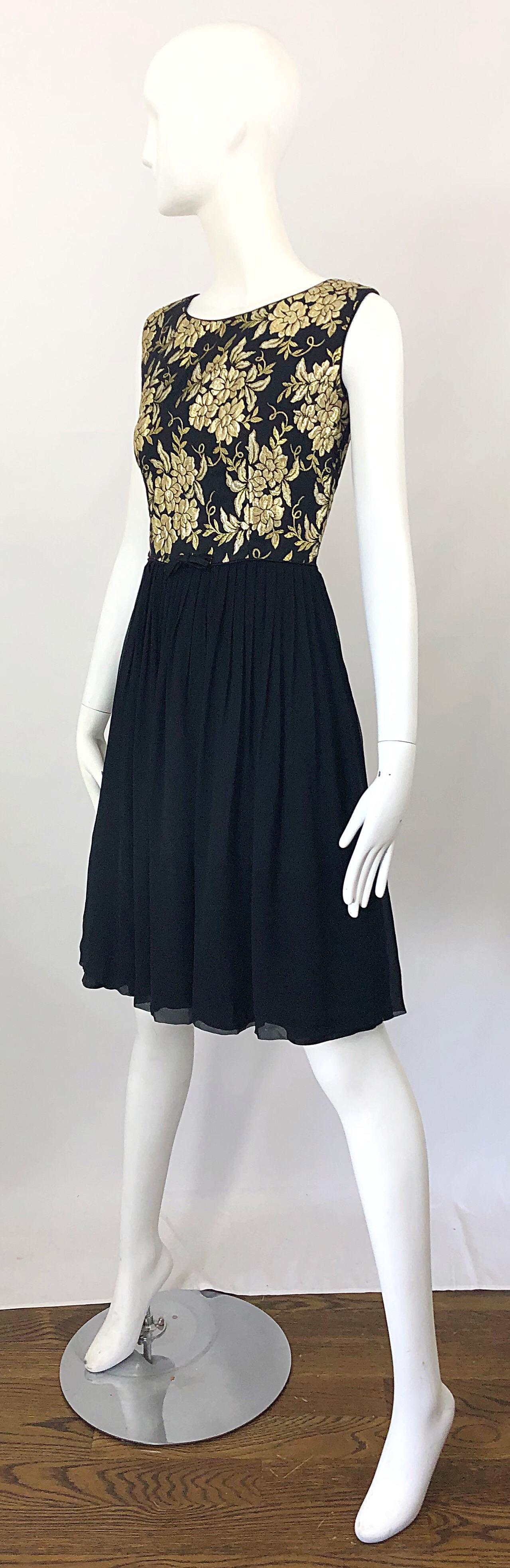 1950s Demi Couture Gold + Black Silk Brocade and Chiffon Vintage 50s Dress For Sale 1