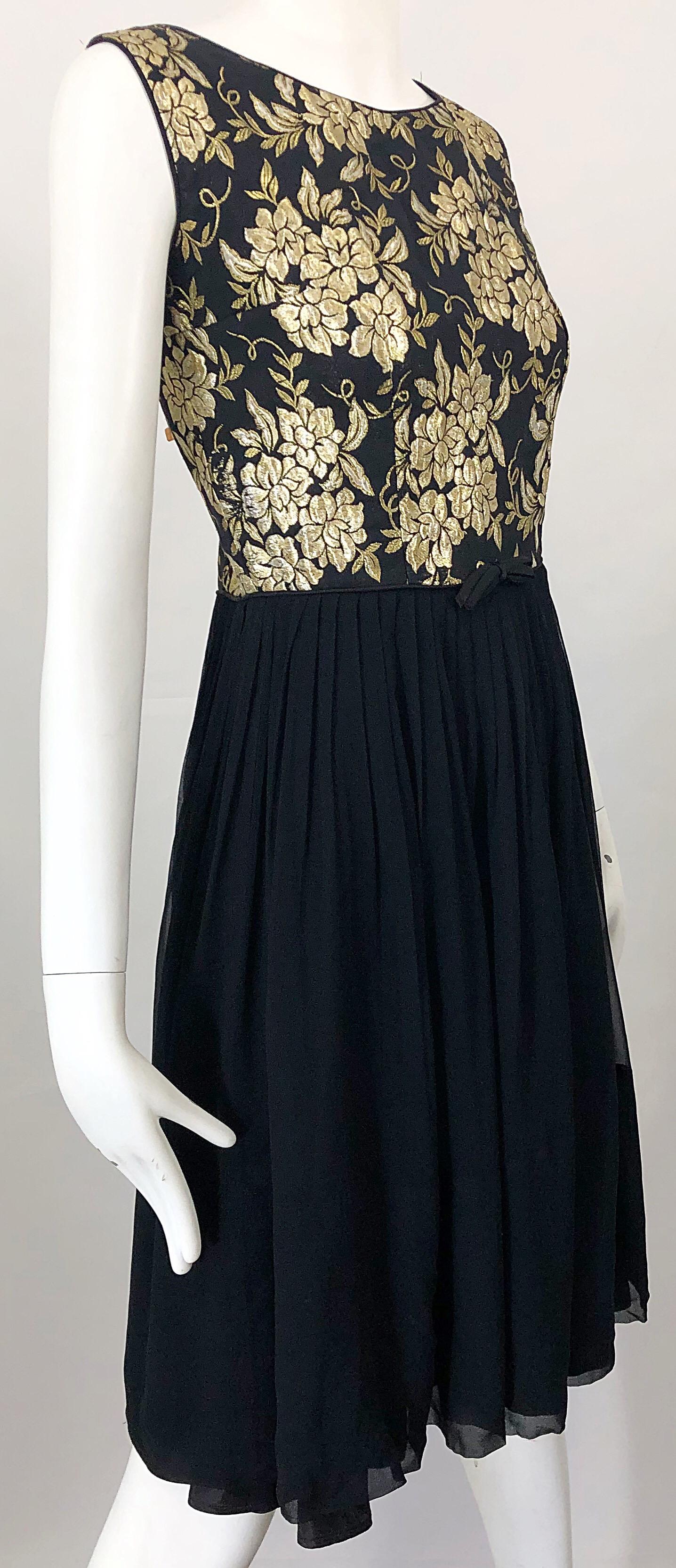 1950s Demi Couture Gold + Black Silk Brocade and Chiffon Vintage 50s Dress For Sale 2