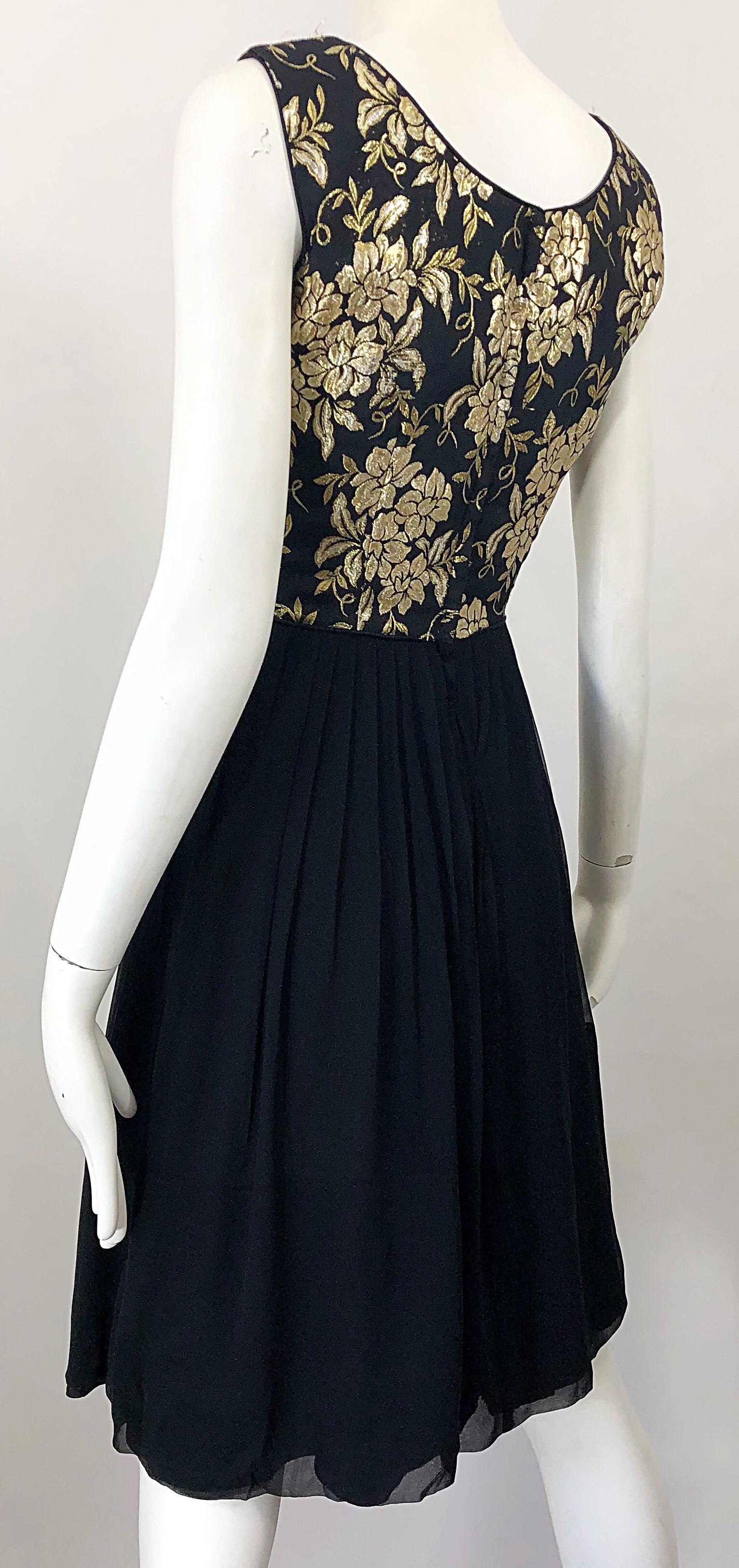 1950s Demi Couture Gold + Black Silk Brocade and Chiffon Vintage 50s Dress For Sale 3
