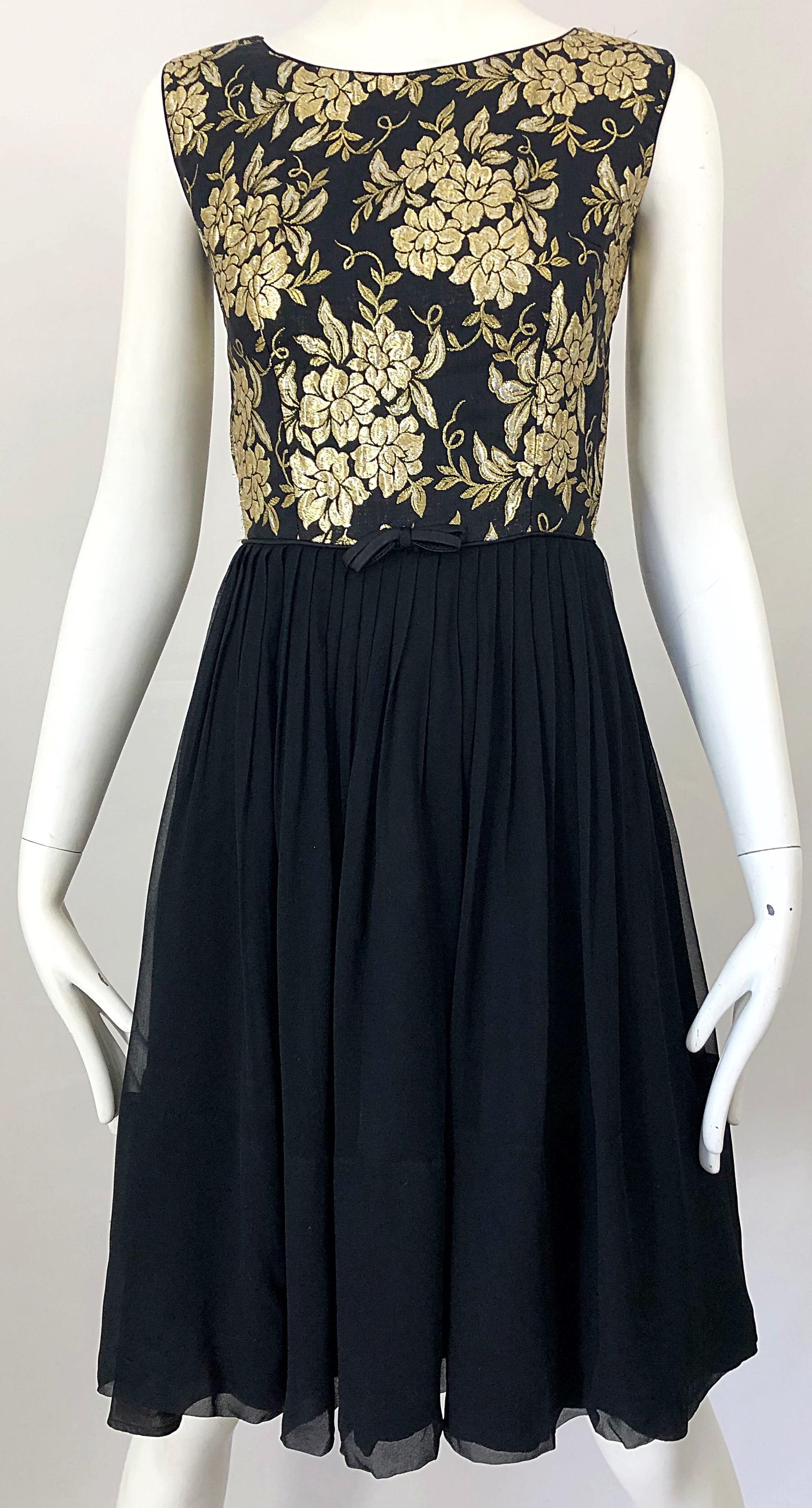 1950s Demi Couture Gold + Black Silk Brocade and Chiffon Vintage 50s Dress For Sale 4