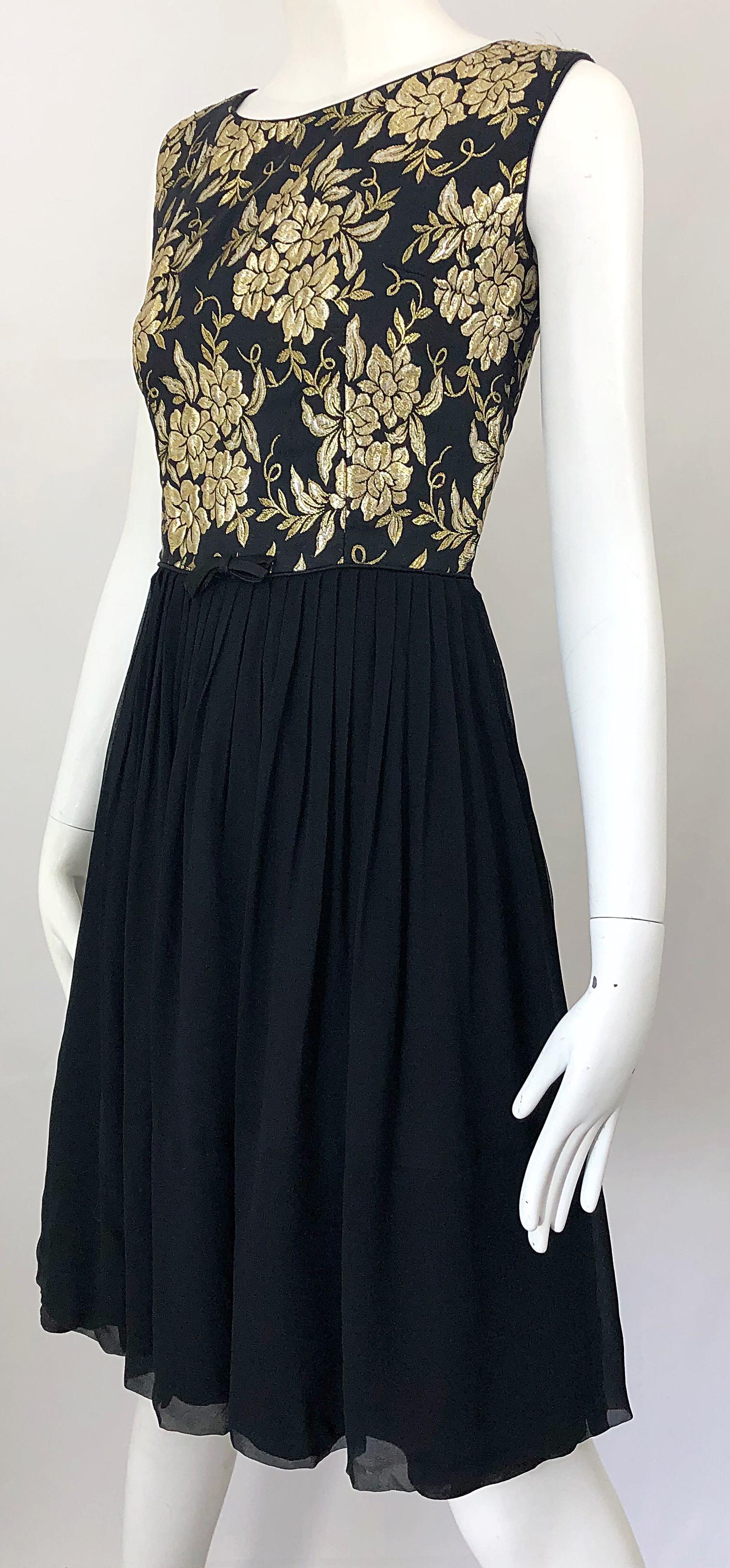 1950s Demi Couture Gold + Black Silk Brocade and Chiffon Vintage 50s Dress For Sale 5