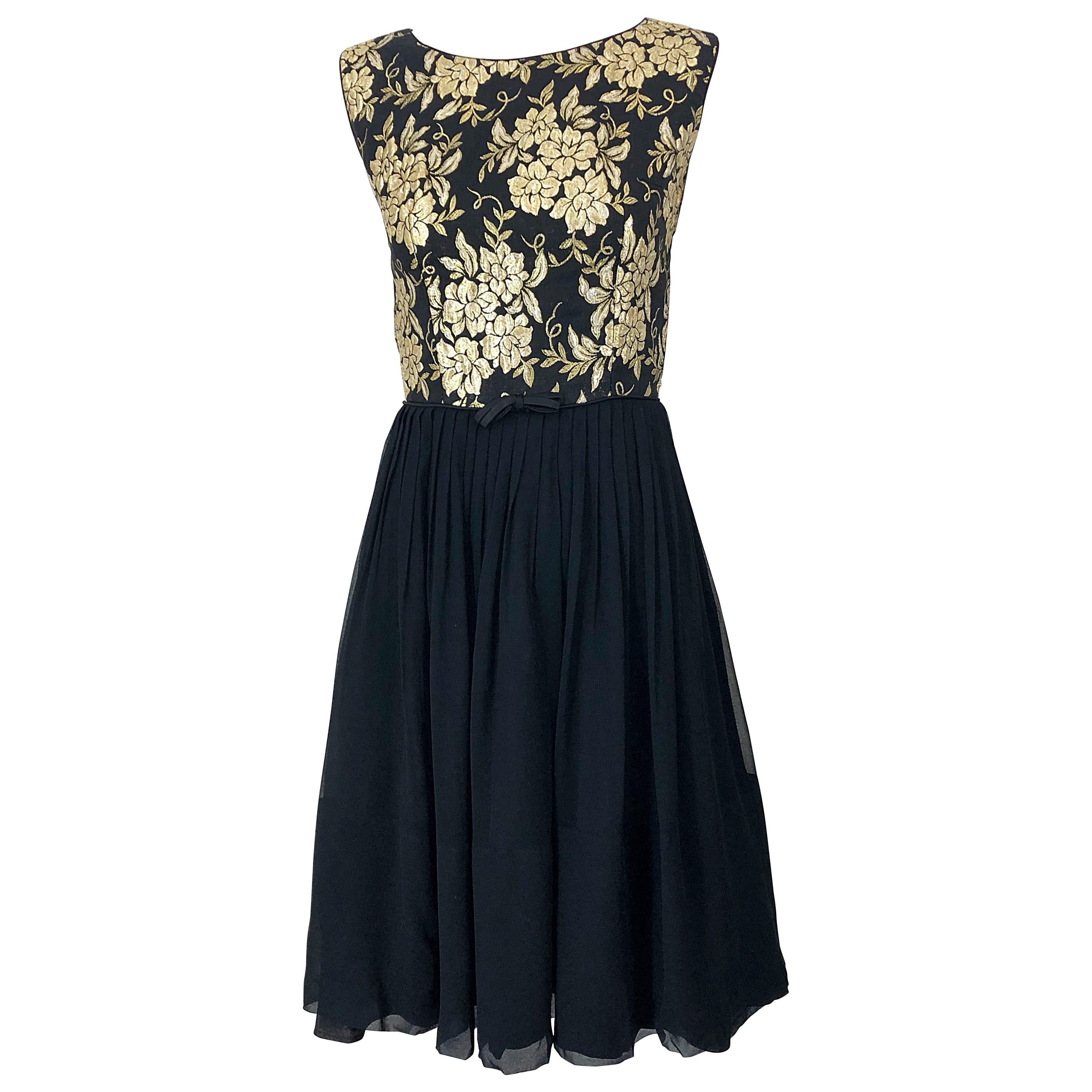 1950s Demi Couture Gold + Black Silk Brocade and Chiffon Vintage 50s Dress For Sale