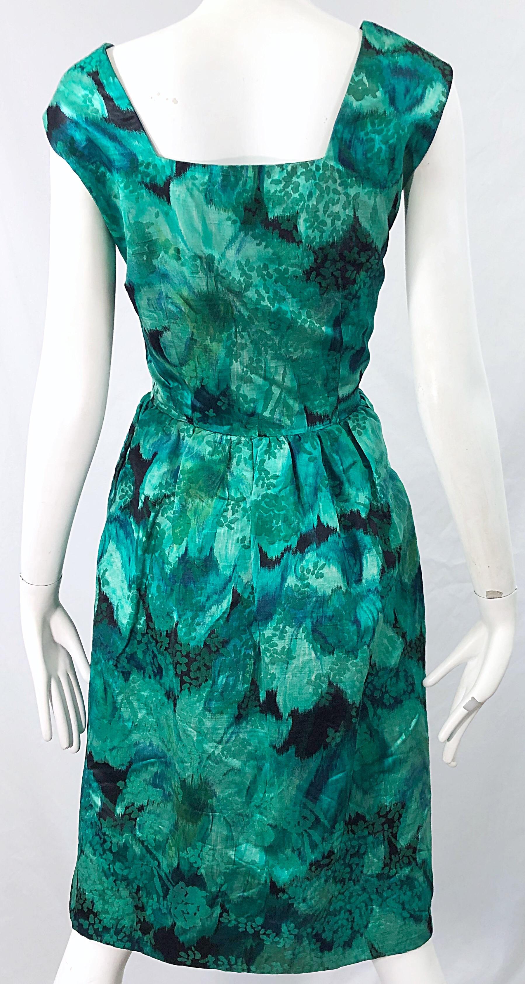 1950s Demi Couture Green Botanical Floral Silk Fit n' Flare Vintage 50s Dress For Sale 3