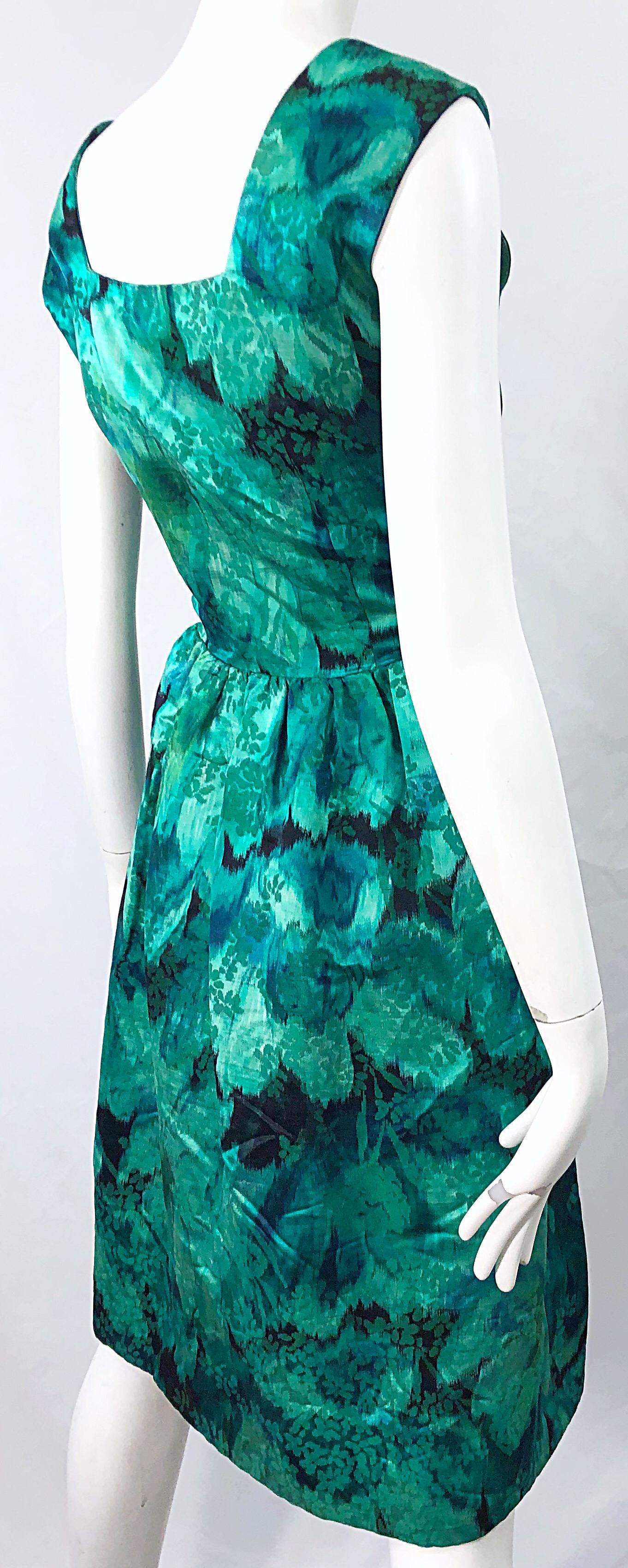 1950s Demi Couture Green Botanical Floral Silk Fit n' Flare Vintage 50s Dress For Sale 5