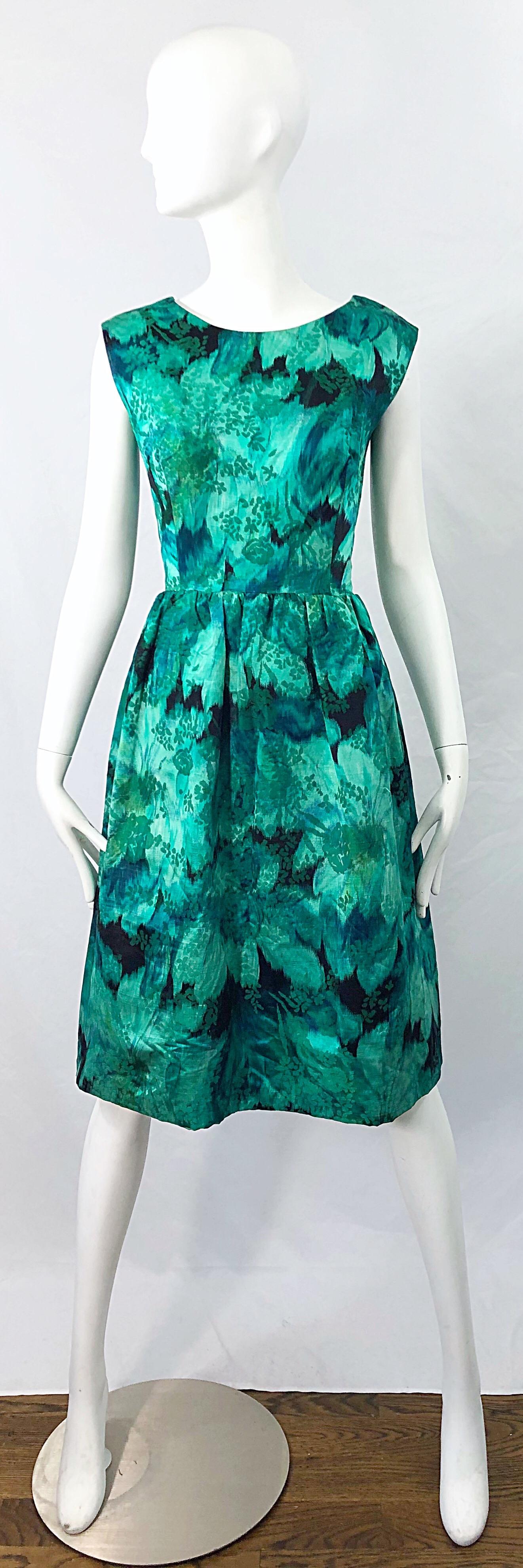1950s Demi Couture Green Botanical Floral Silk Fit n' Flare Vintage 50s Dress For Sale 6
